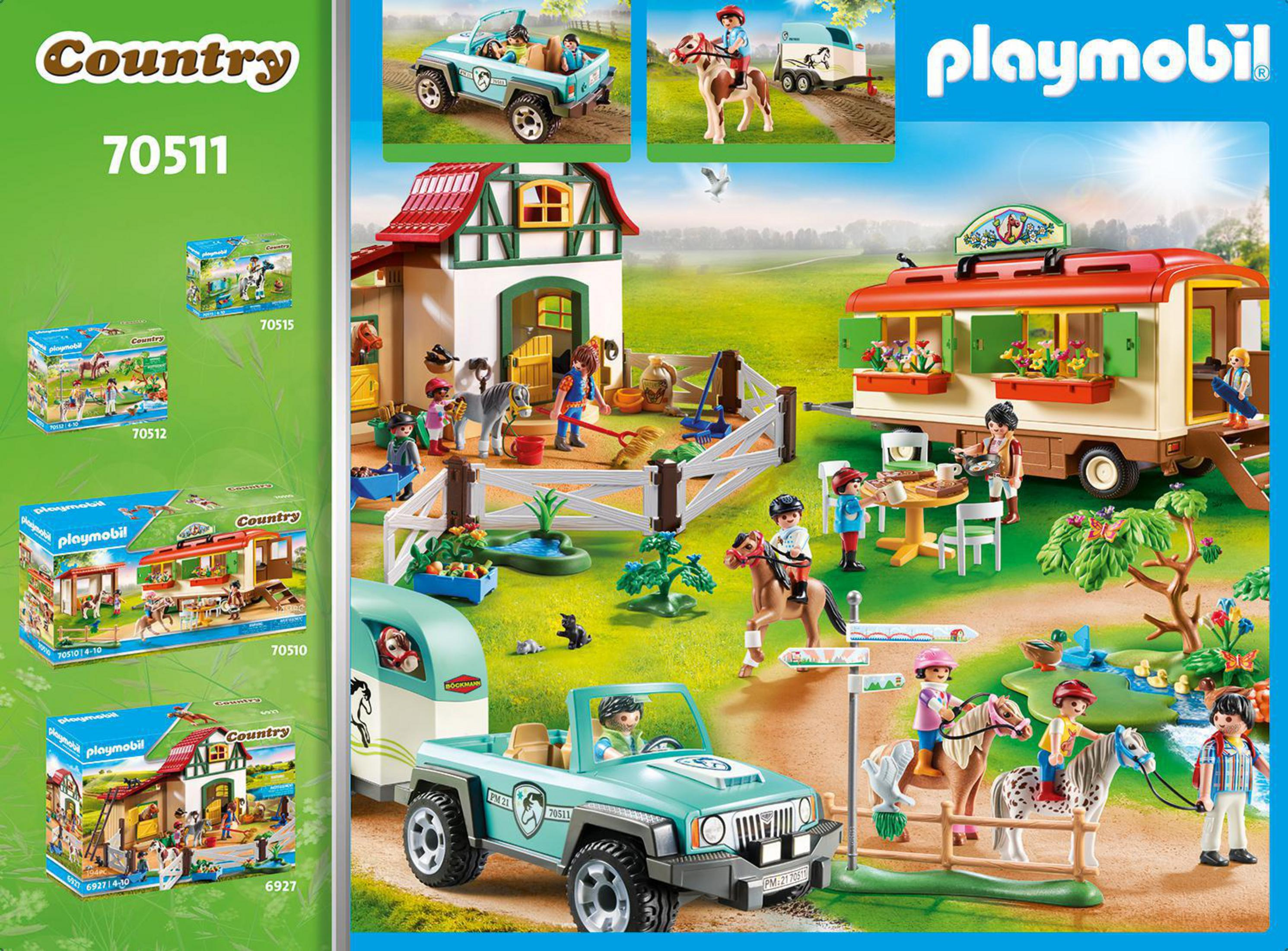 Un ensemble Playmobil Country avec des figurines, des animaux et une scène de ferme avec des véhicules.