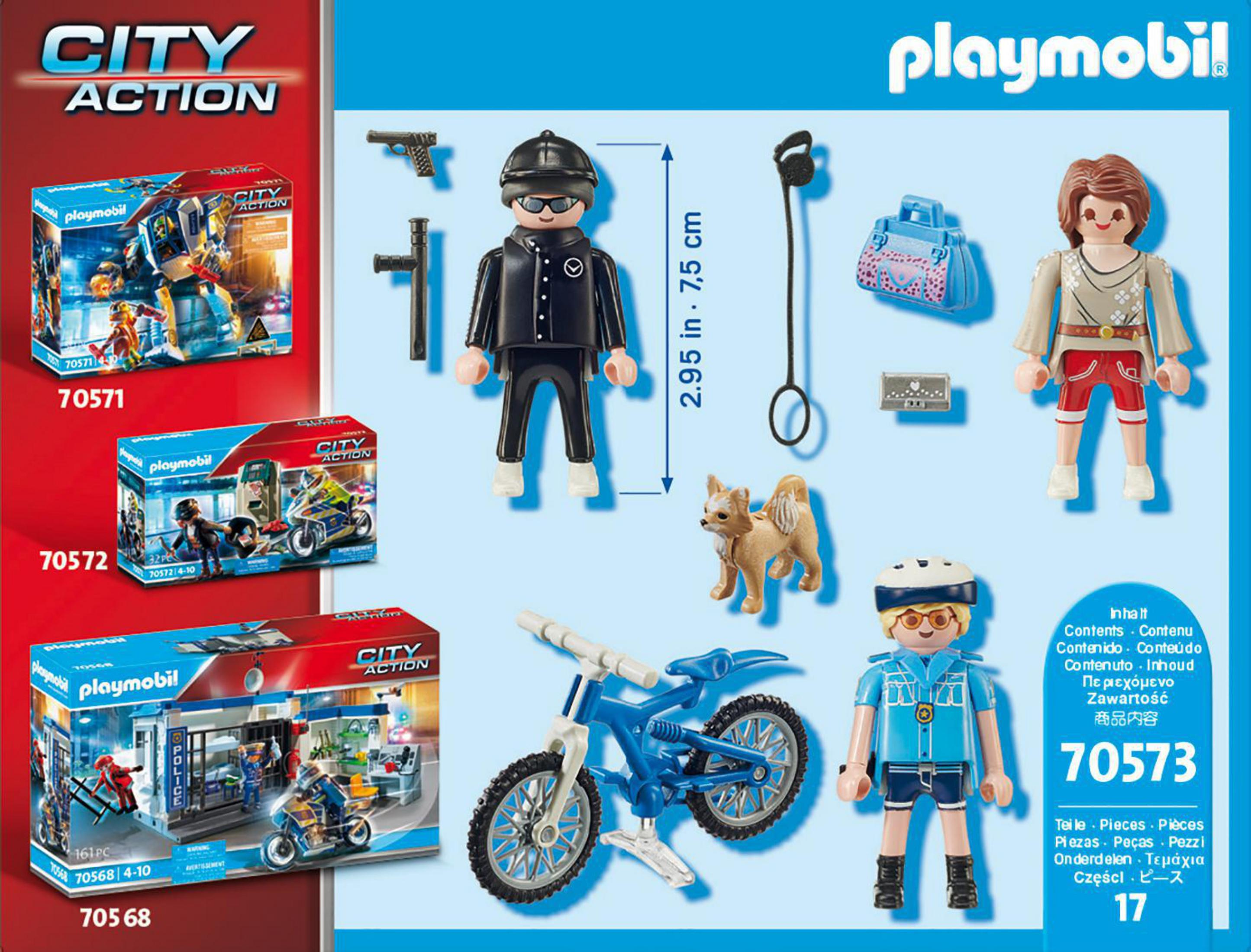 Set Playmobil City Action con poliziotto, accessori e veicoli. Include scatole.