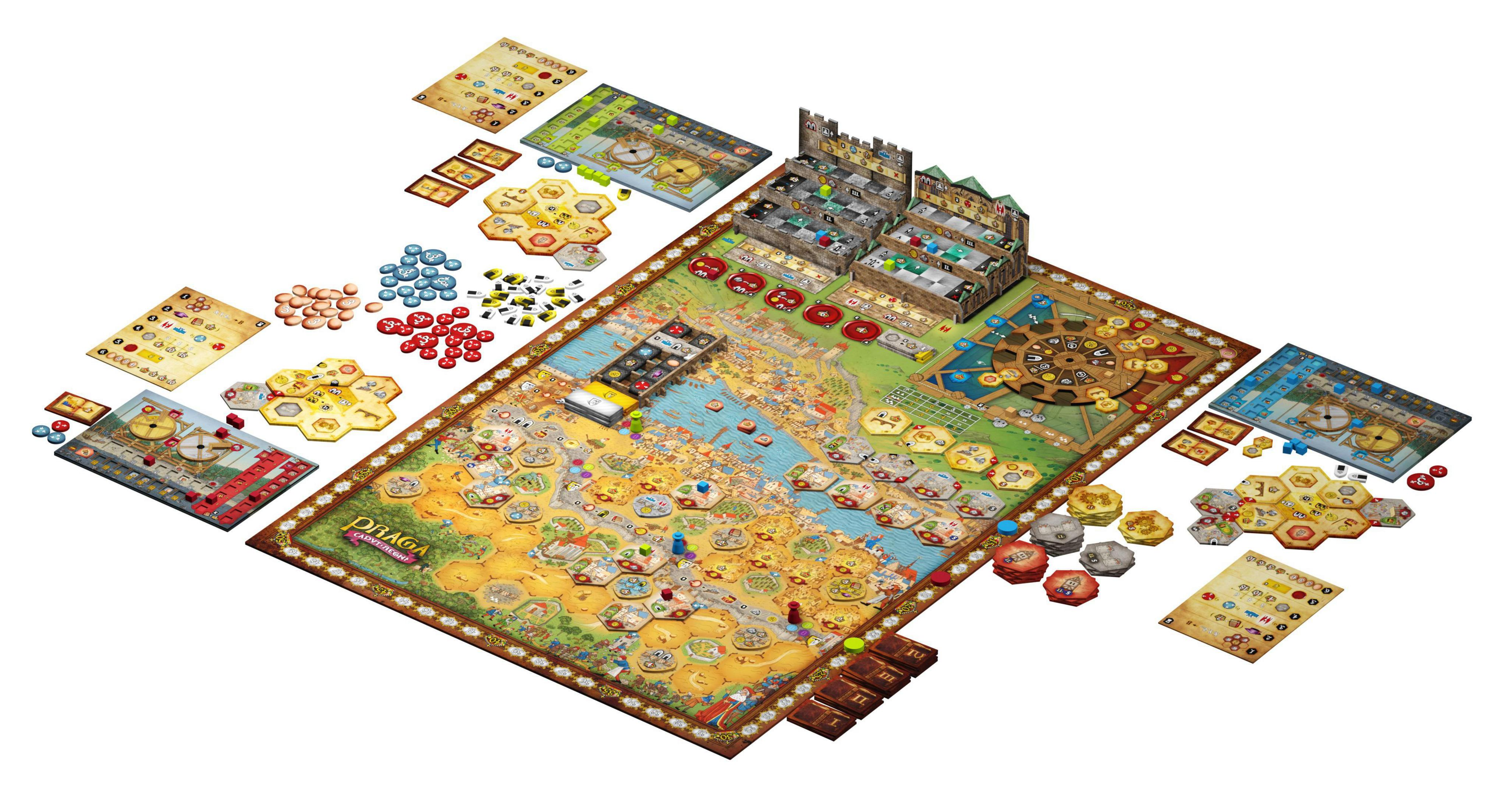 Ein Brettspiel ist aufgebaut, mit Spielsteinen auf dem Brett angeordnet.
