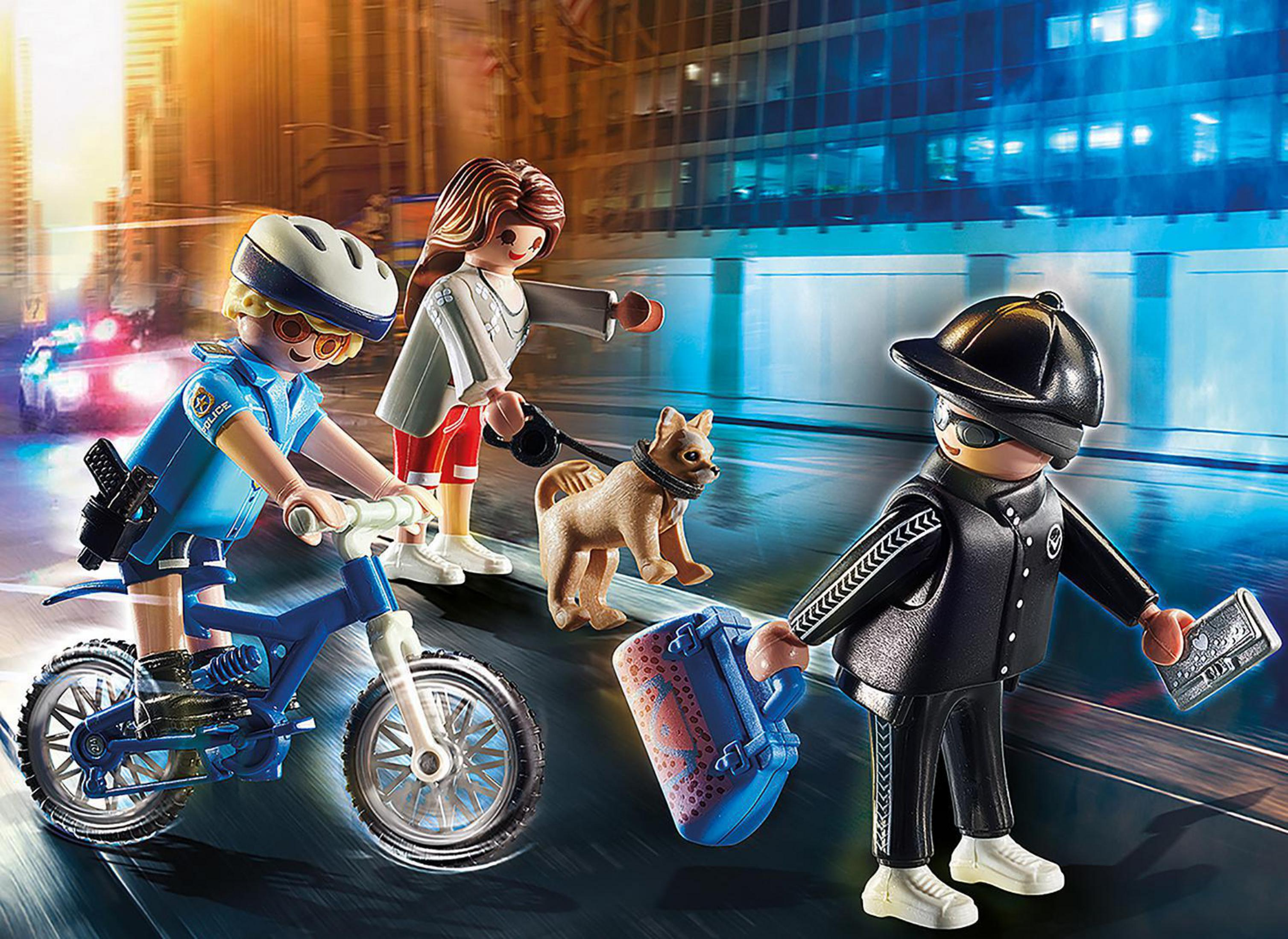 Scena Playmobil City Action: poliziotto in bici, donna con cane e ladro.