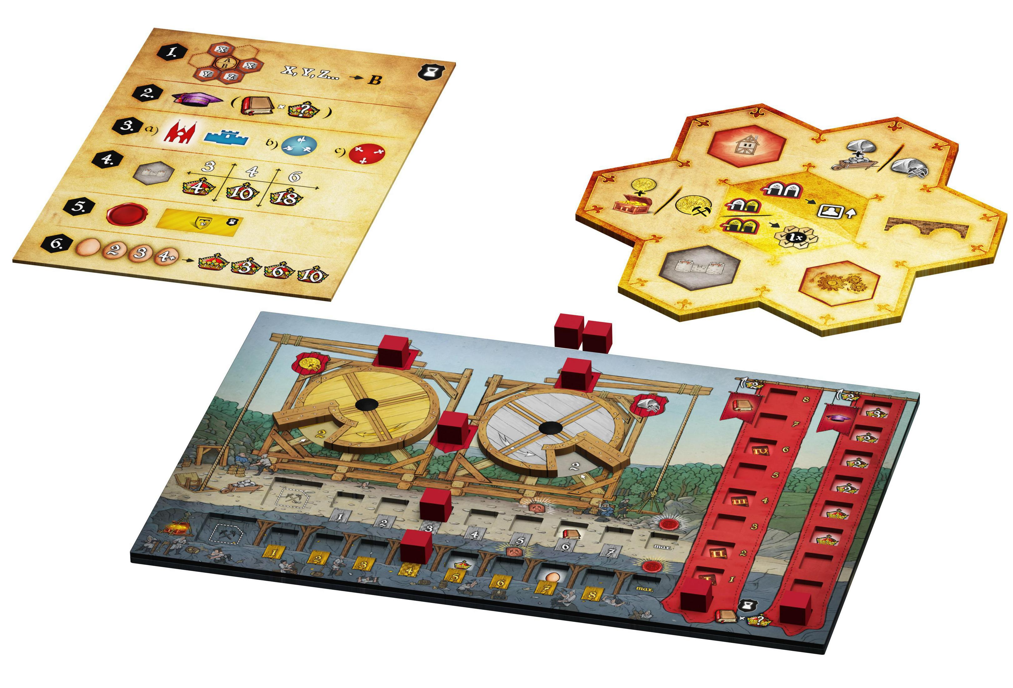 Brettspielkomponenten einschließlich Spielbrett, Karten und Holzteile.