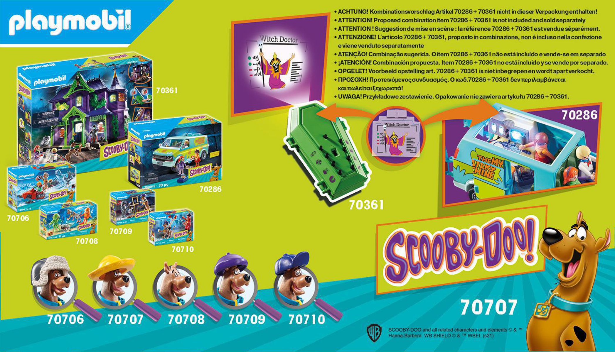 Playmobil Scooby-Doo! Set mit Figuren und einem Mystery Machine Van. Weitere Sets und Charaktere werden ebenfalls angezeigt.