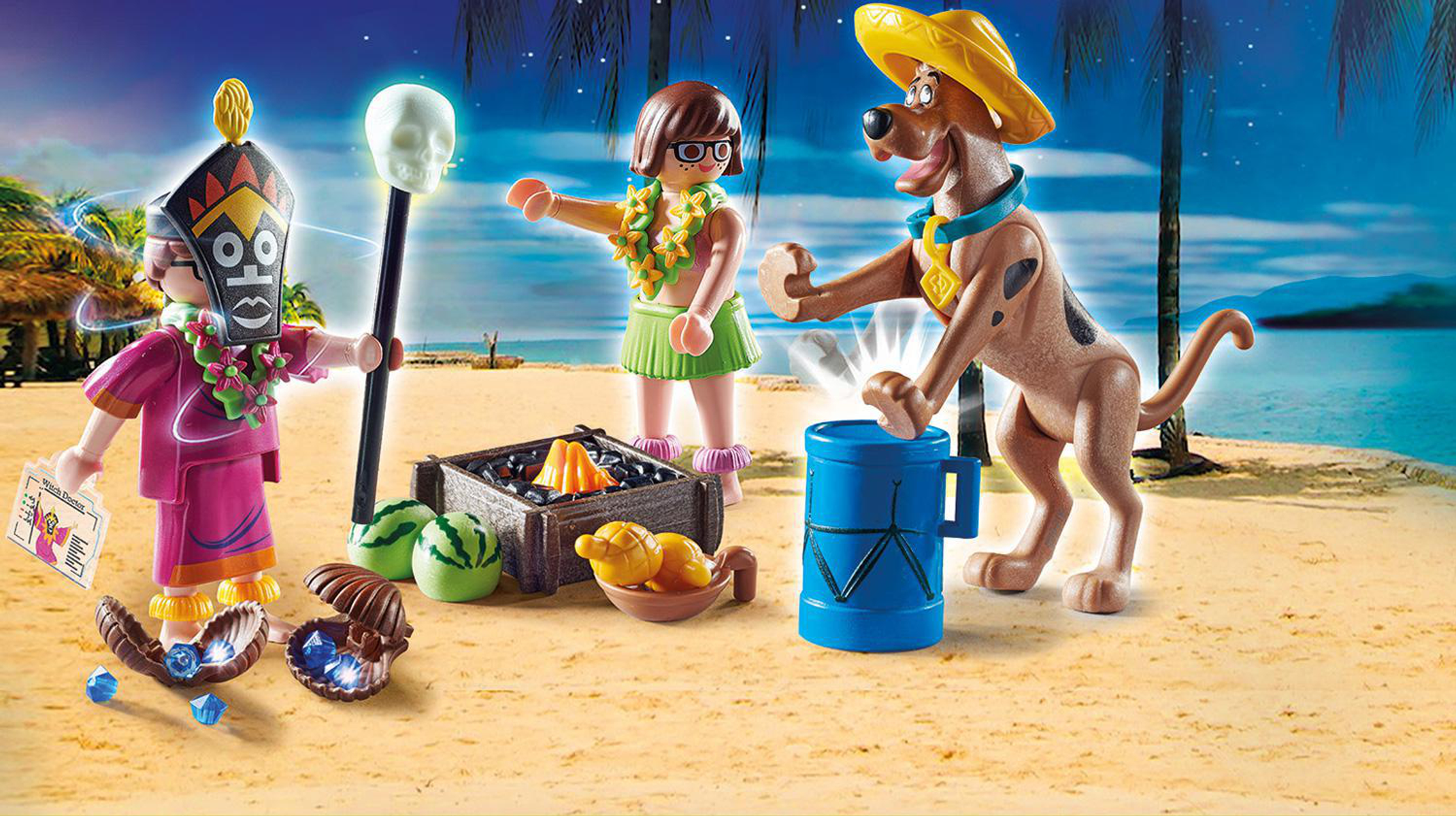 Playmobil Scooby-Doo-Szene am Strand mit Figuren und Requisiten.
