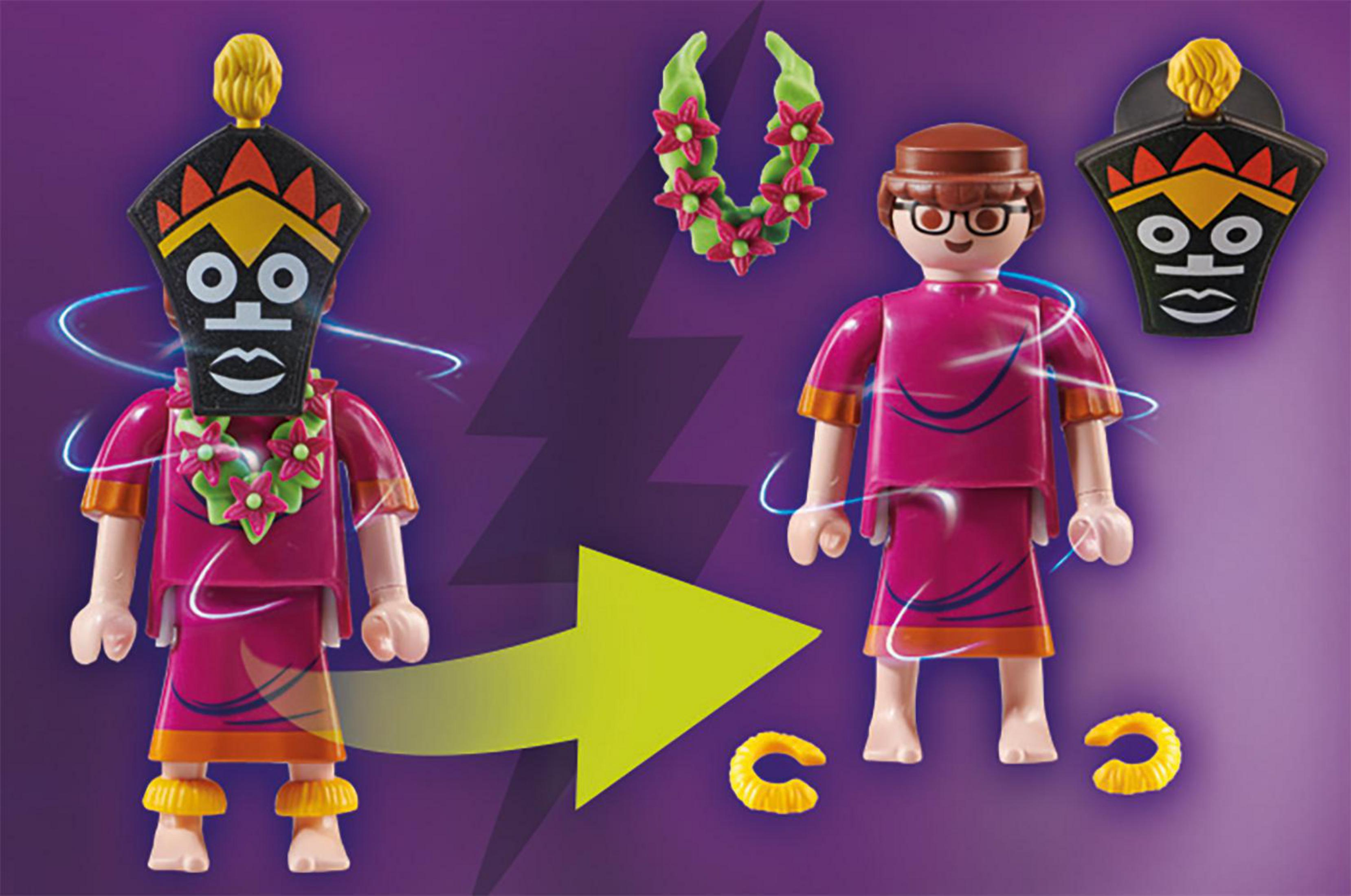 Playmobil-Figurentransformation: Eine Figur verwandelt sich von dekoriert zu schlicht.