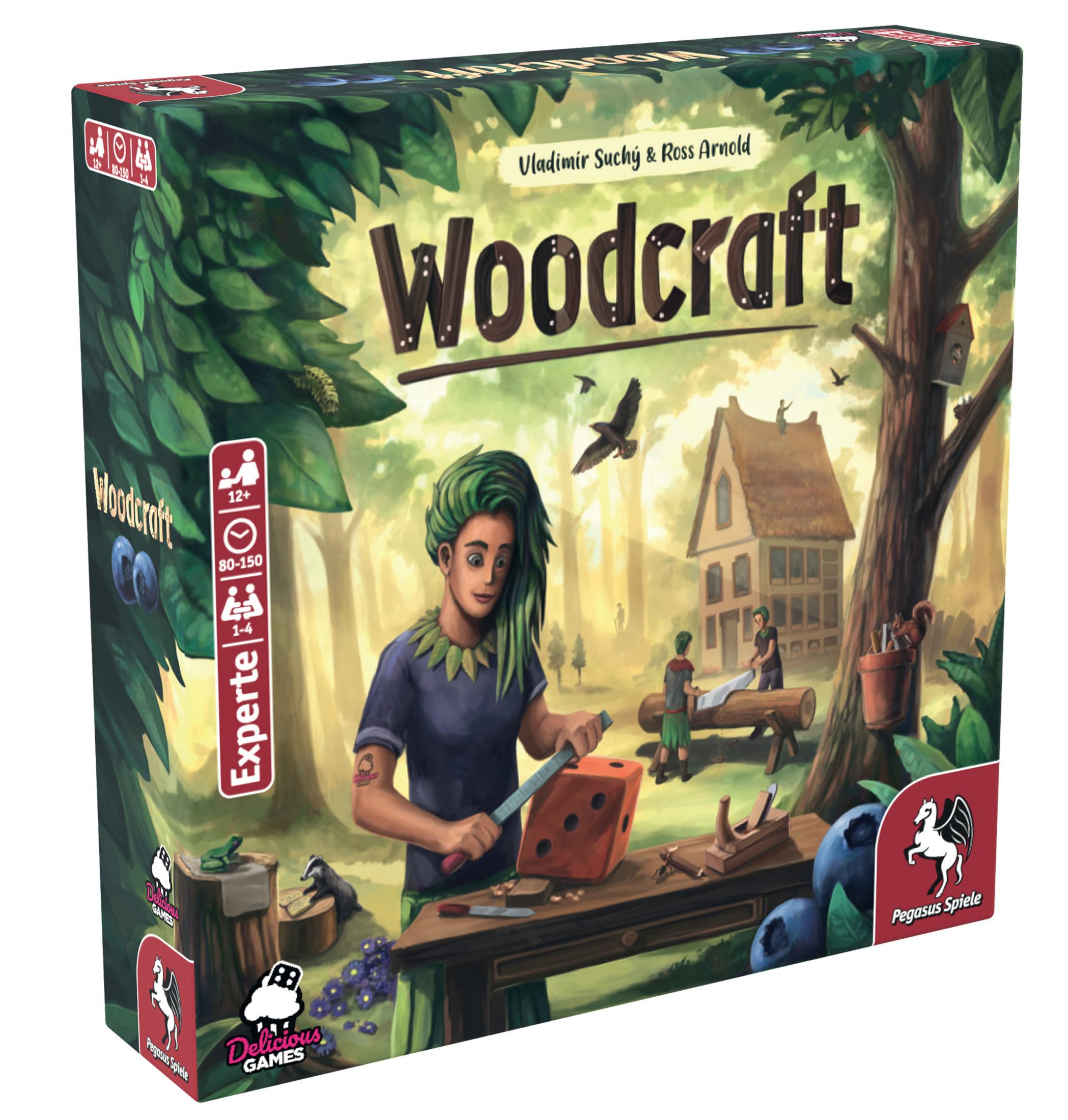 Scatola del gioco da tavolo Woodcraft con una donna che scolpisce un dado e uno sfondo di foresta.