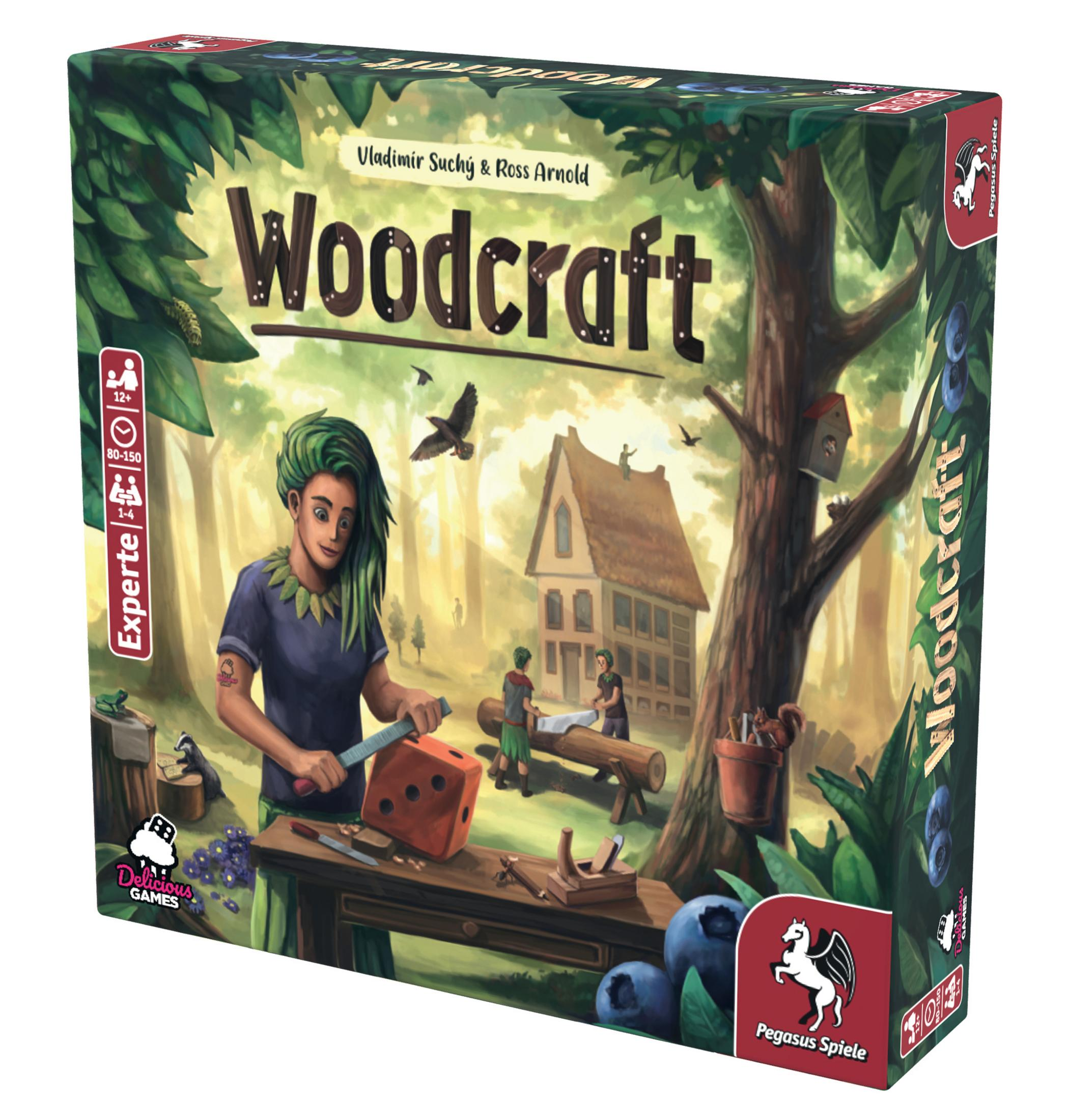 Scatola del gioco da tavolo Woodcraft. Mostra una persona che intaglia un dado, con una foresta e una casa sullo sfondo.