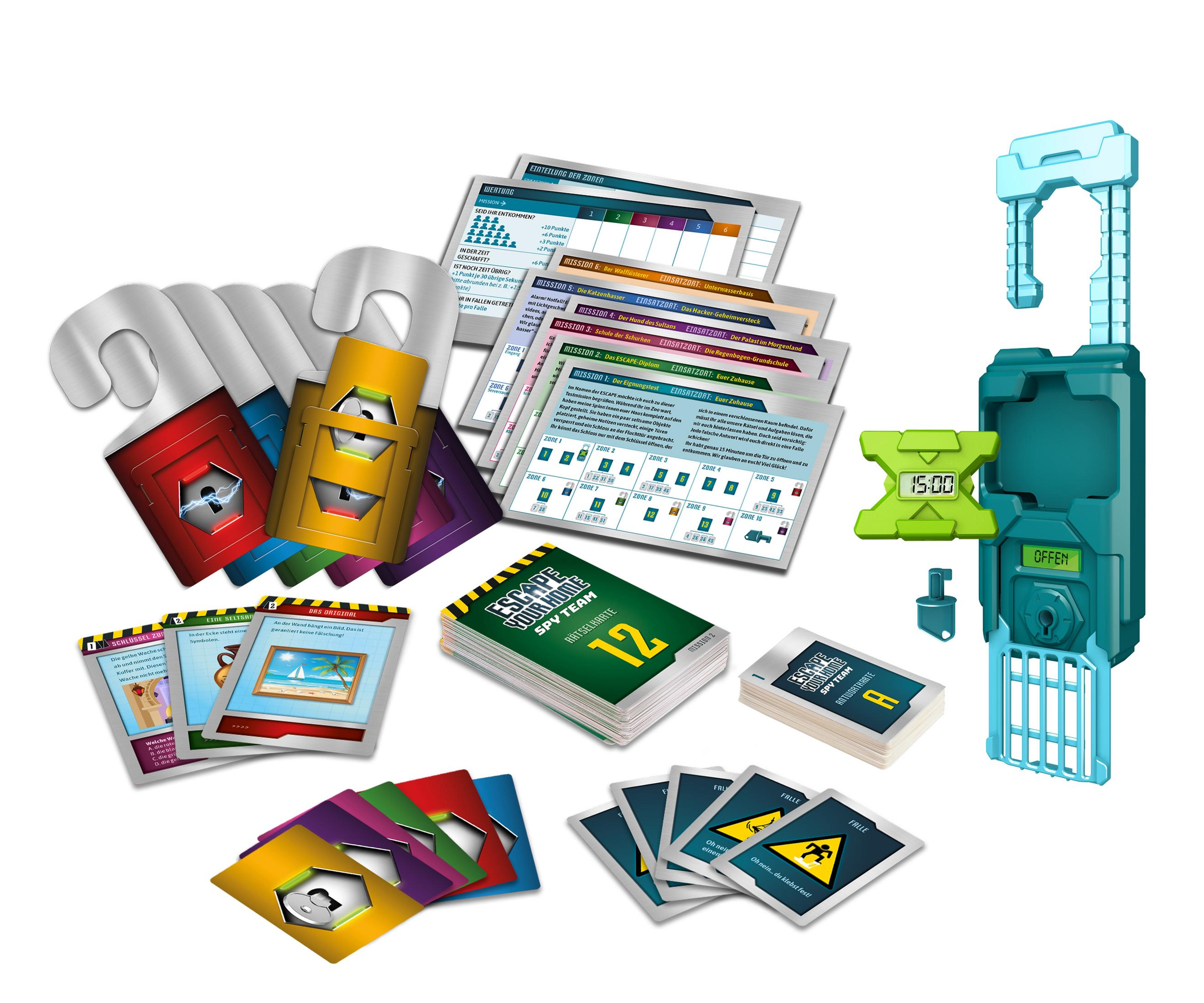 Composants de jeu de société : serrures, cartes et une minuterie. Le jeu s'appelle 'Escape the room - Spy Team'.
