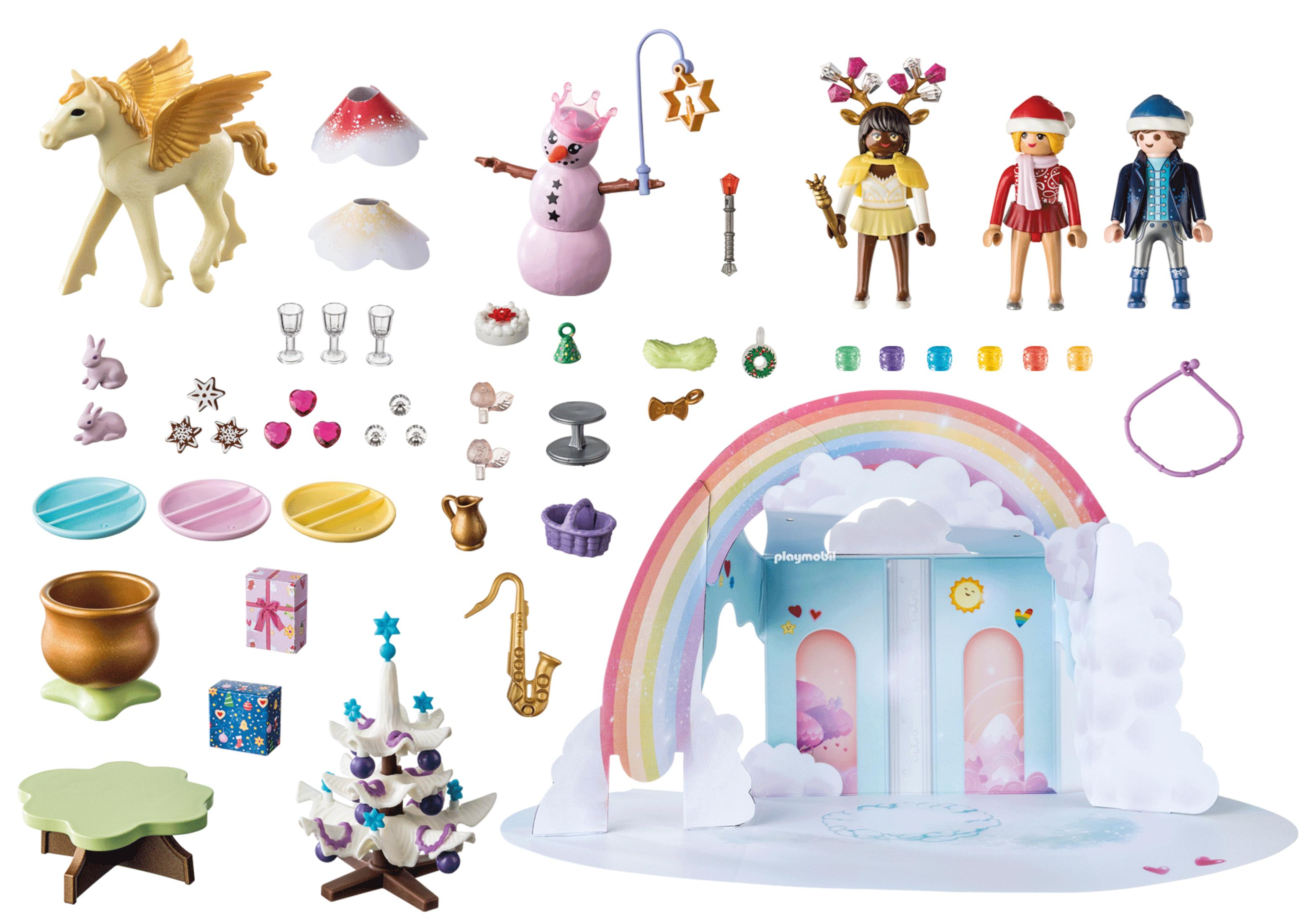 Playmobil-Set mit verschiedenen Figuren und Gegenständen, darunter ein Regenbogen, Baum und Pegasus.
