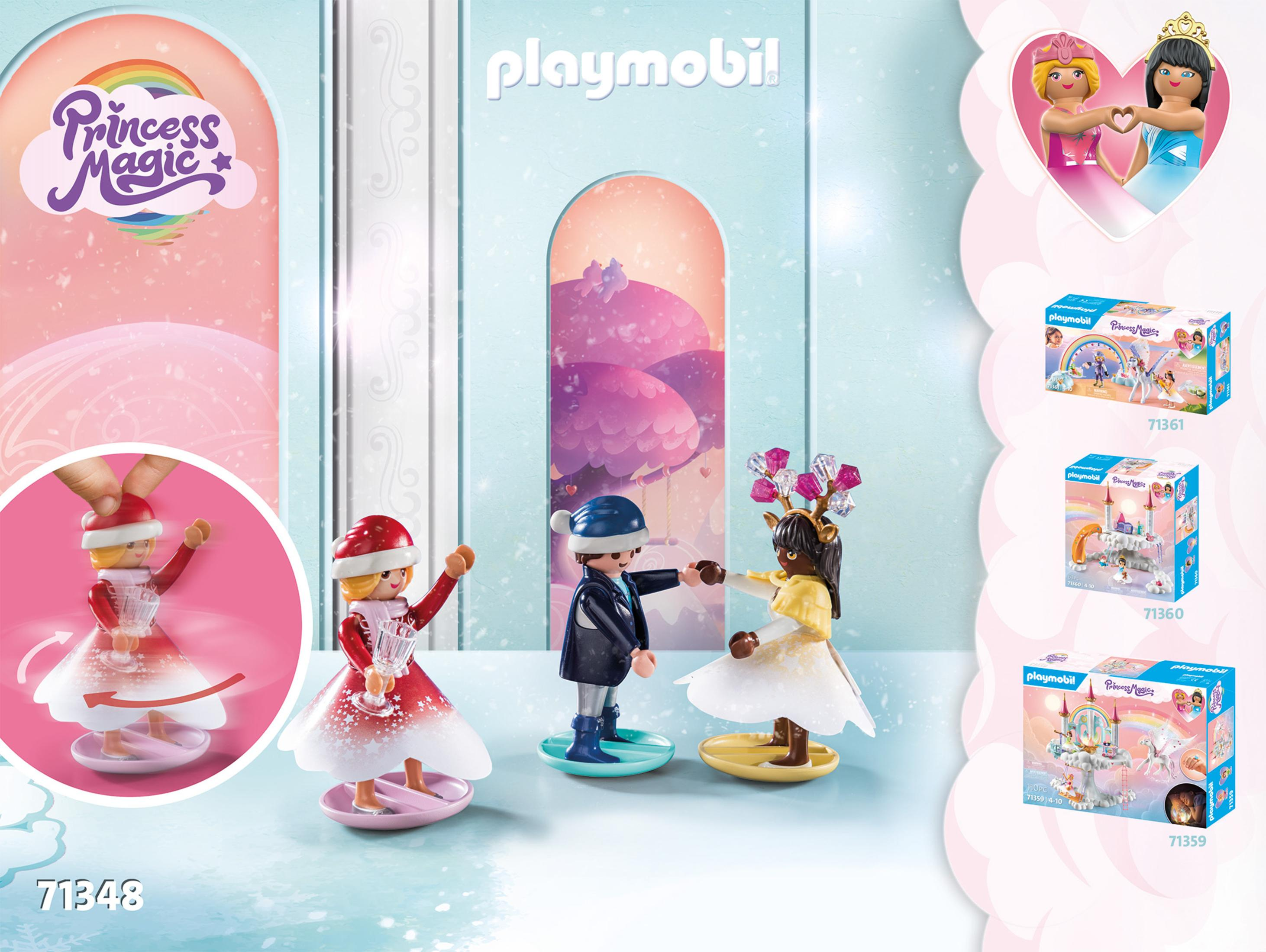 Playmobil-Set mit drei Figuren. Text und Boxen auf der rechten Seite.