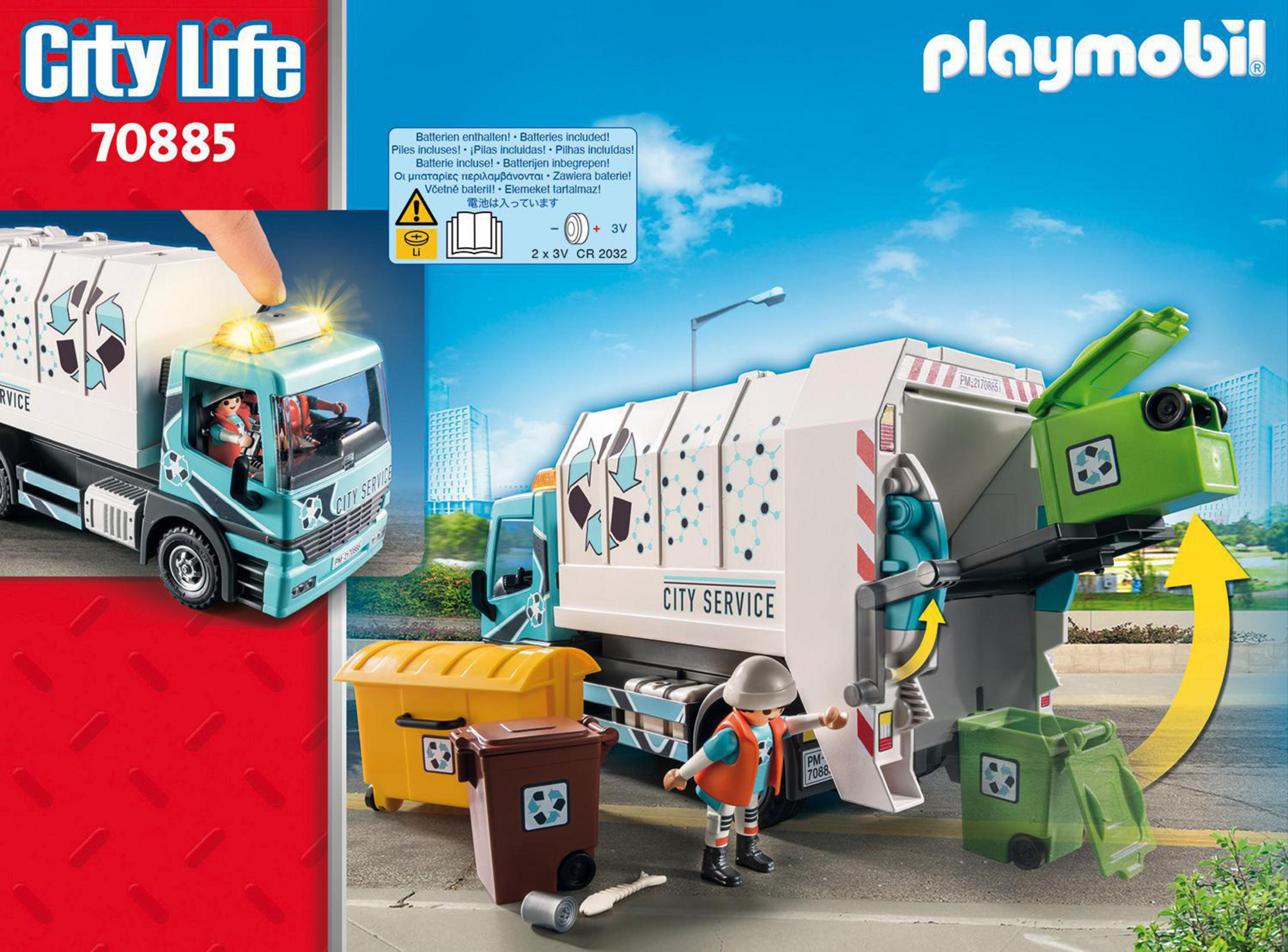 Ein Playmobil City Life Müllwagen mit Figuren und Mülltonnen.