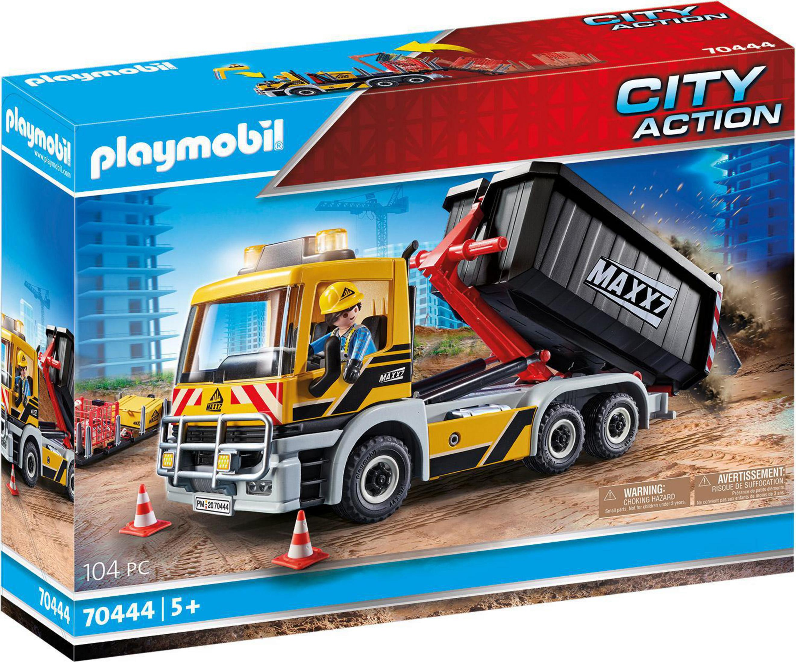 Eine Playmobil City Action Spielzeugbox, die einen gelb-schwarzen Baufahrzeug mit Kippmulde zeigt.
