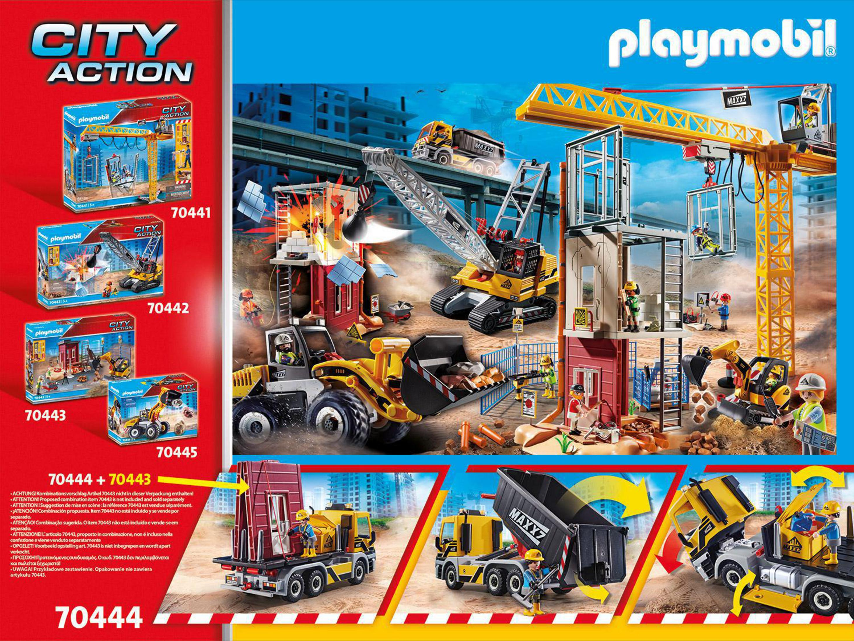 Playmobil-Konstruktionsspielzeug-Set mit Gebäude, Kran, Bagger und Muldenkipper, mit mehreren Boxen.