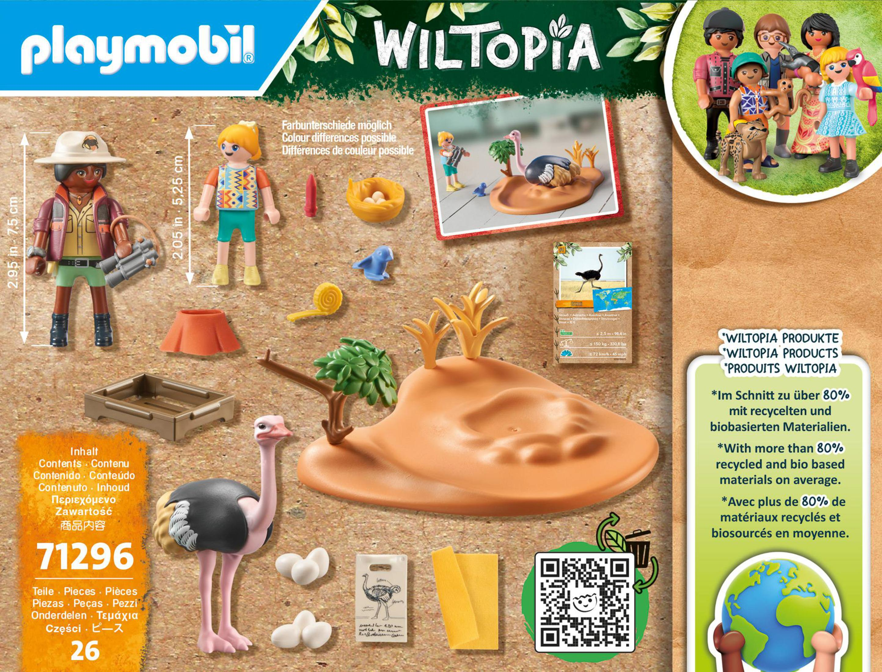 Playmobil Wiltopia Box. Figuren und Tiere, darunter ein Strauß und ein Flamingo.