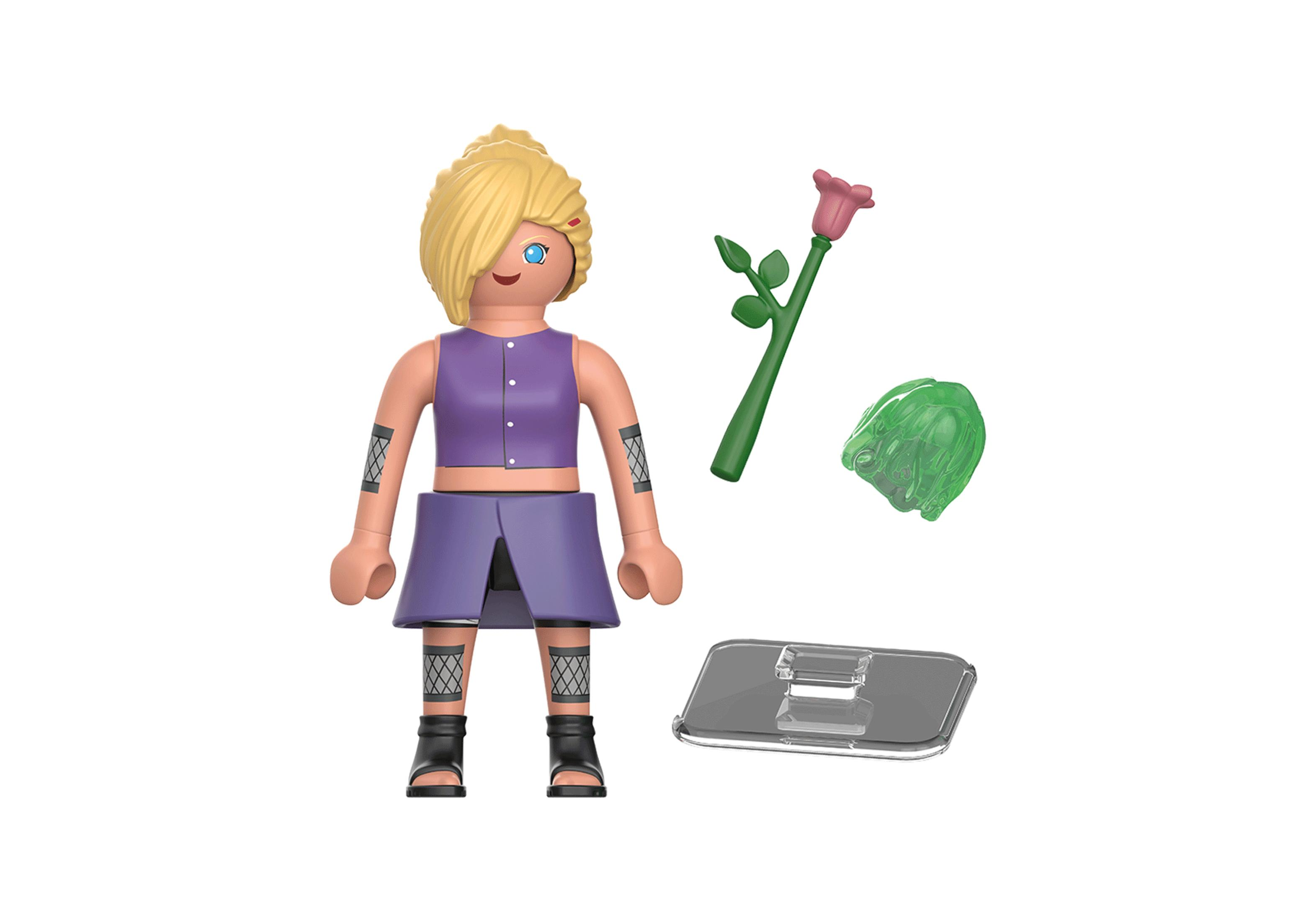 Eine Playmobil-Figur eines weiblichen Charakters, die eine Rose und anderes Zubehör hält.