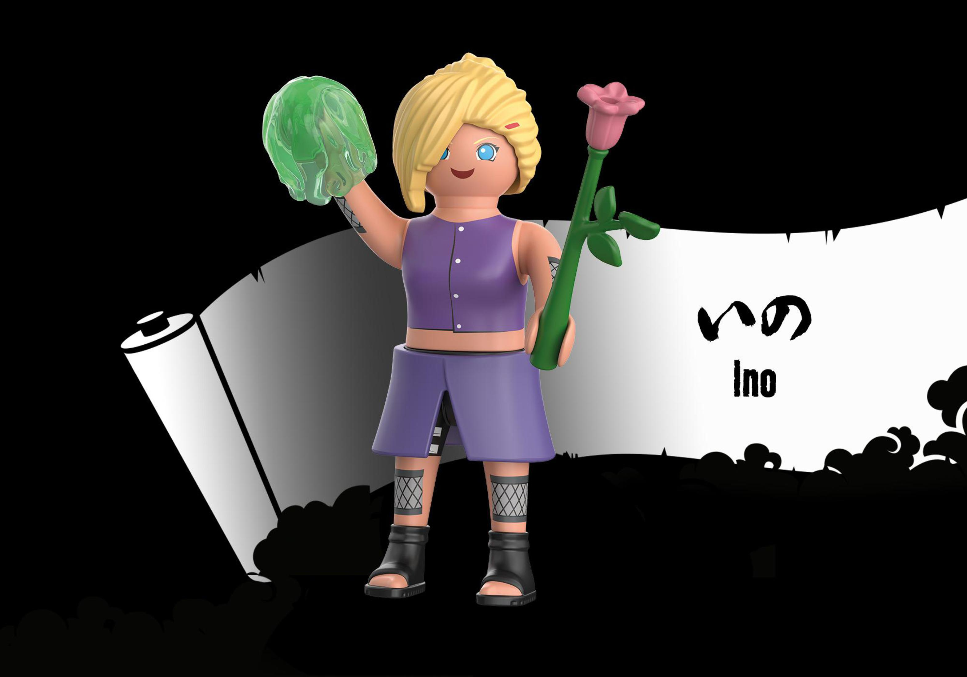 Playmobil-Figur von Ino, hält eine Blume und ein grünes Objekt.