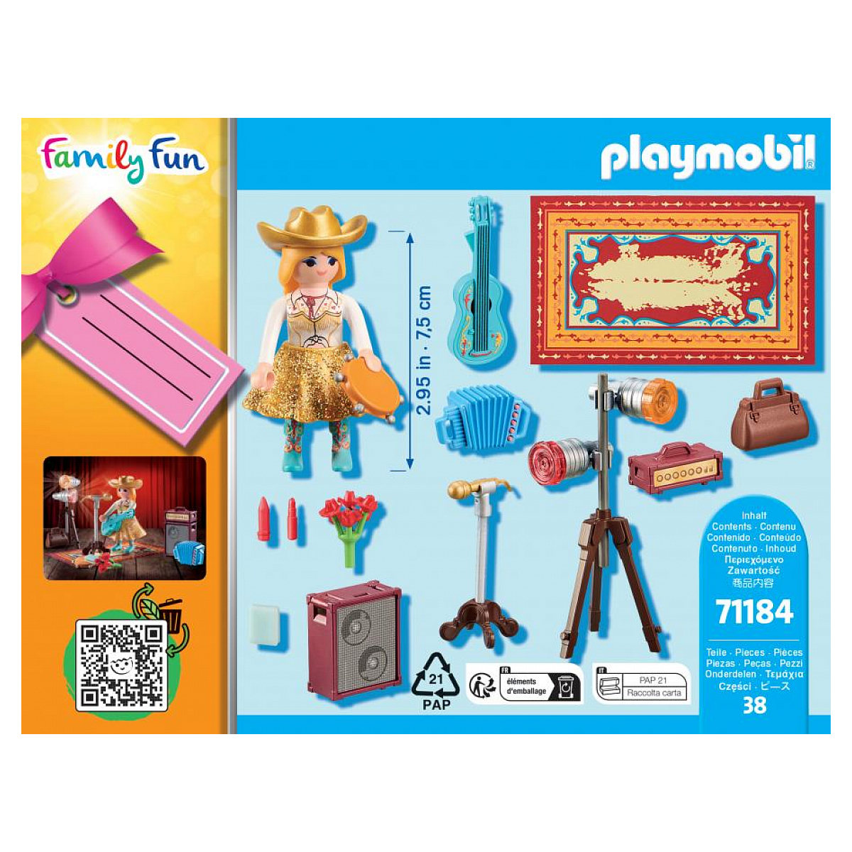 Playmobil-Boxinhalt, einschließlich einer Cowgirl-Figur mit Zubehör wie Gitarre, Mikrofon und Bühnenlicht.