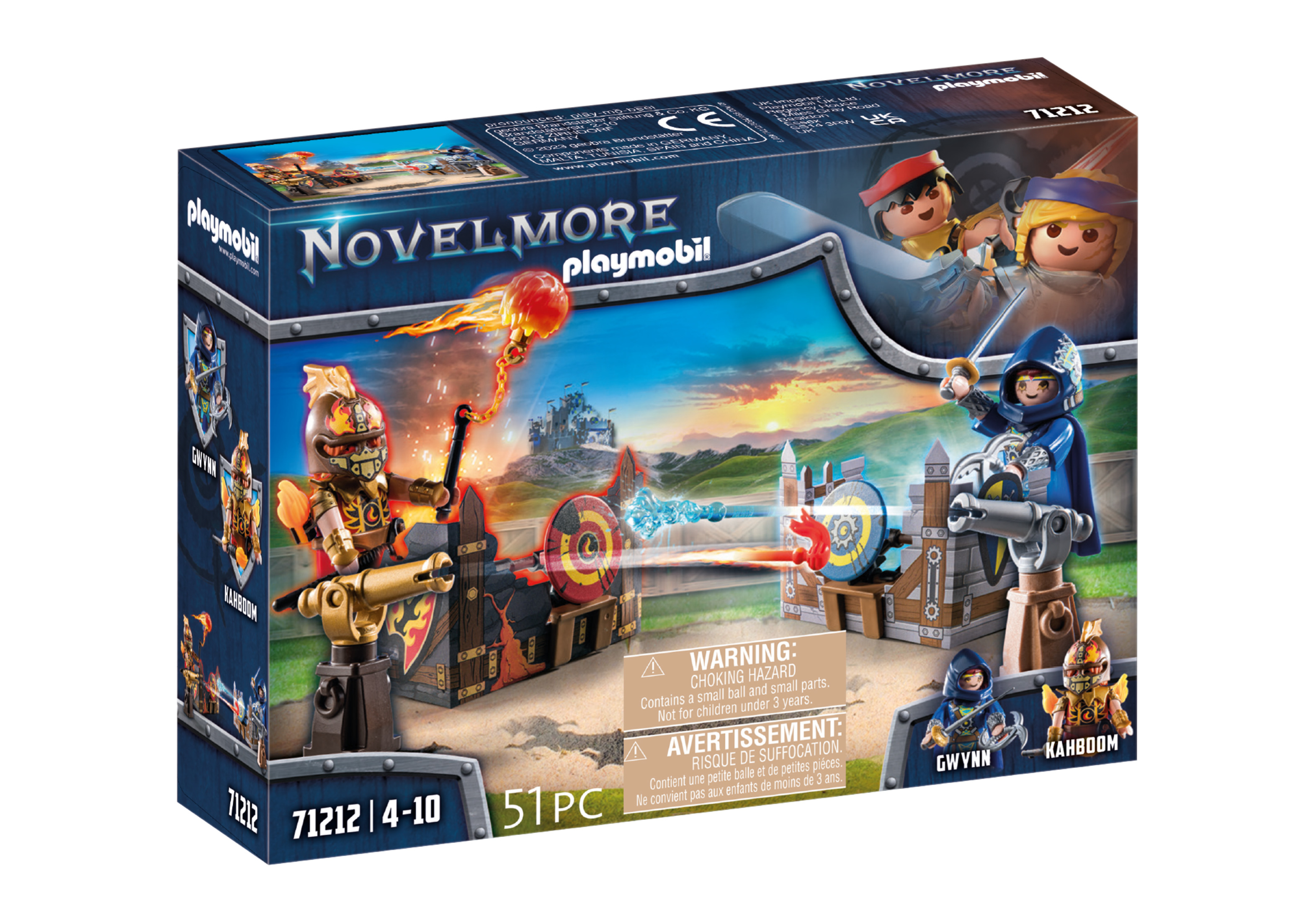Una scatola del set di gioco Playmobil Novelmore che mostra una scena di battaglia con personaggi e strutture.