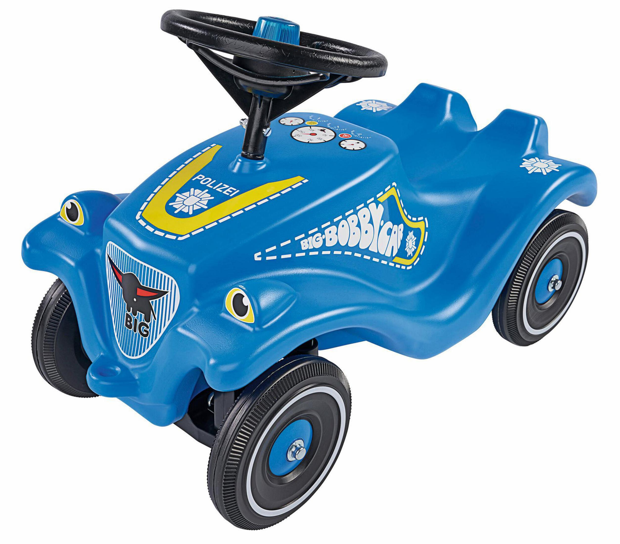 Blaues Spielzeug-Polizeiauto mit schwarzem Lenkrad. Weißer Hintergrund.