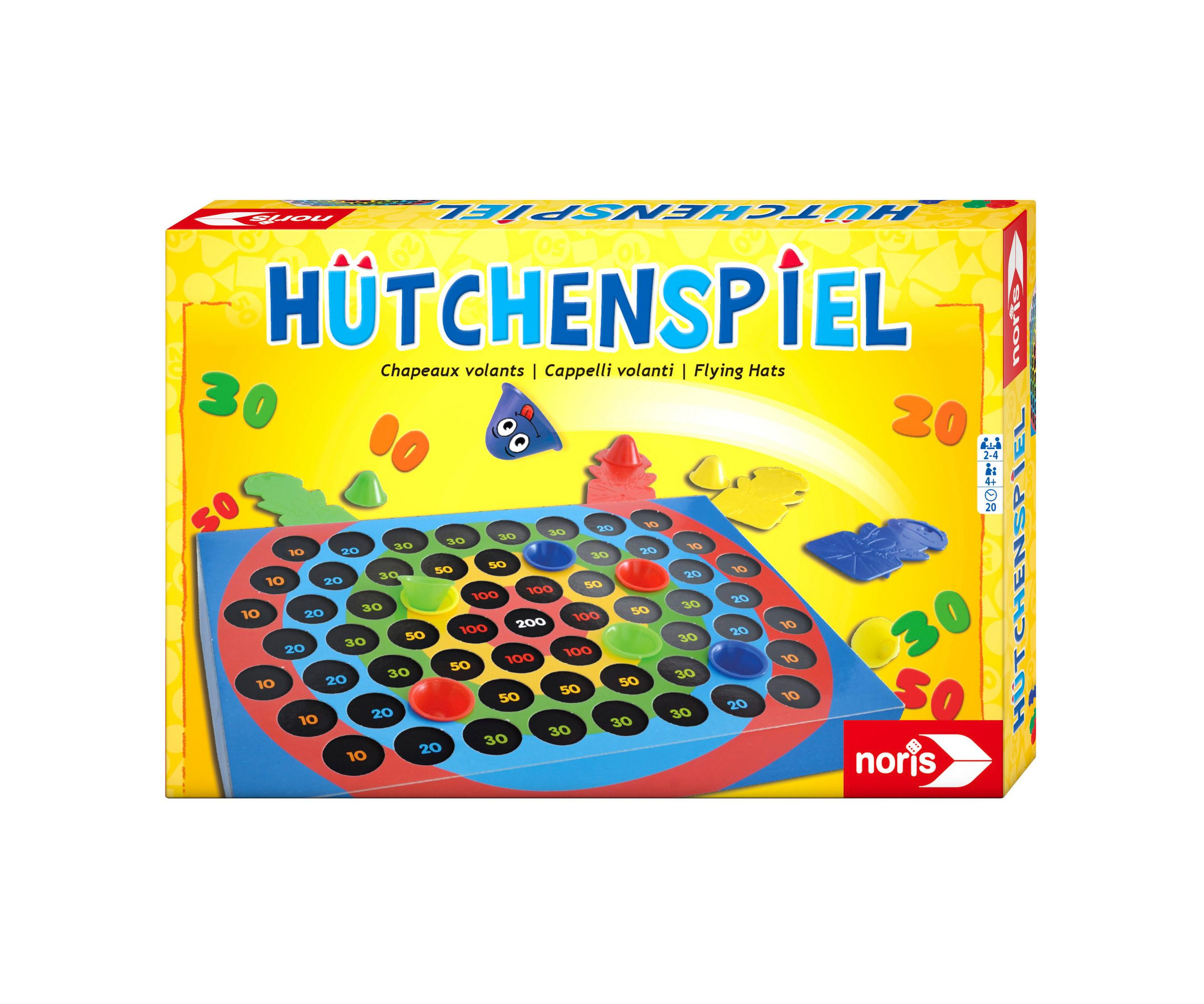 Hütchenspiel-Brettspielbox mit bunten Elementen und Zahlen. Mit Würfeln und Chips.
