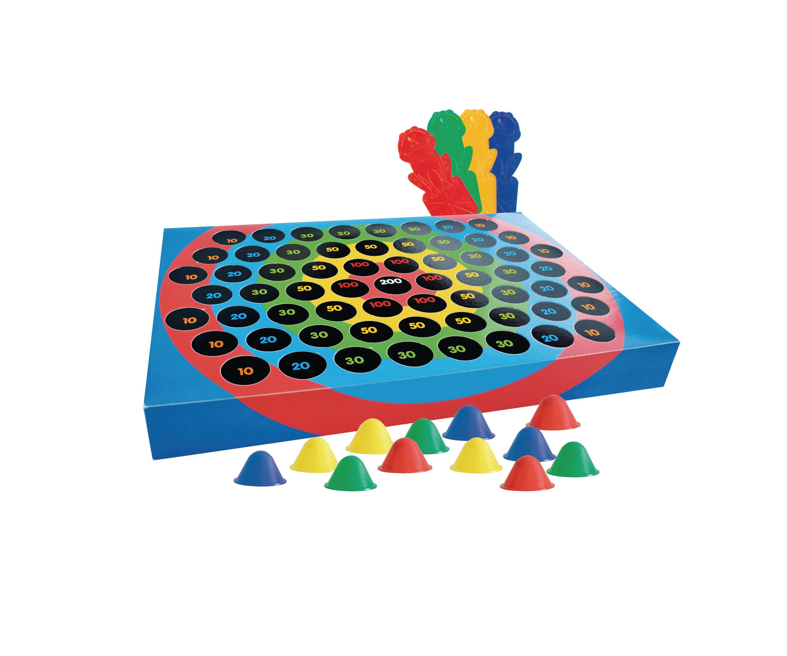 Ein blaues Brettspiel mit Zahlen. Farbig Kegel und Figuren sind verstreut.