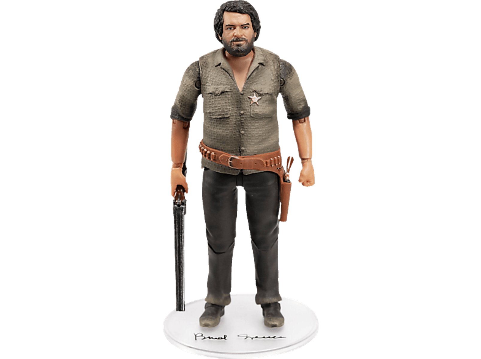 Spielzeugfigur eines Mannes in Sheriff-Uniform mit Gewehr und Holster mit Pistole.