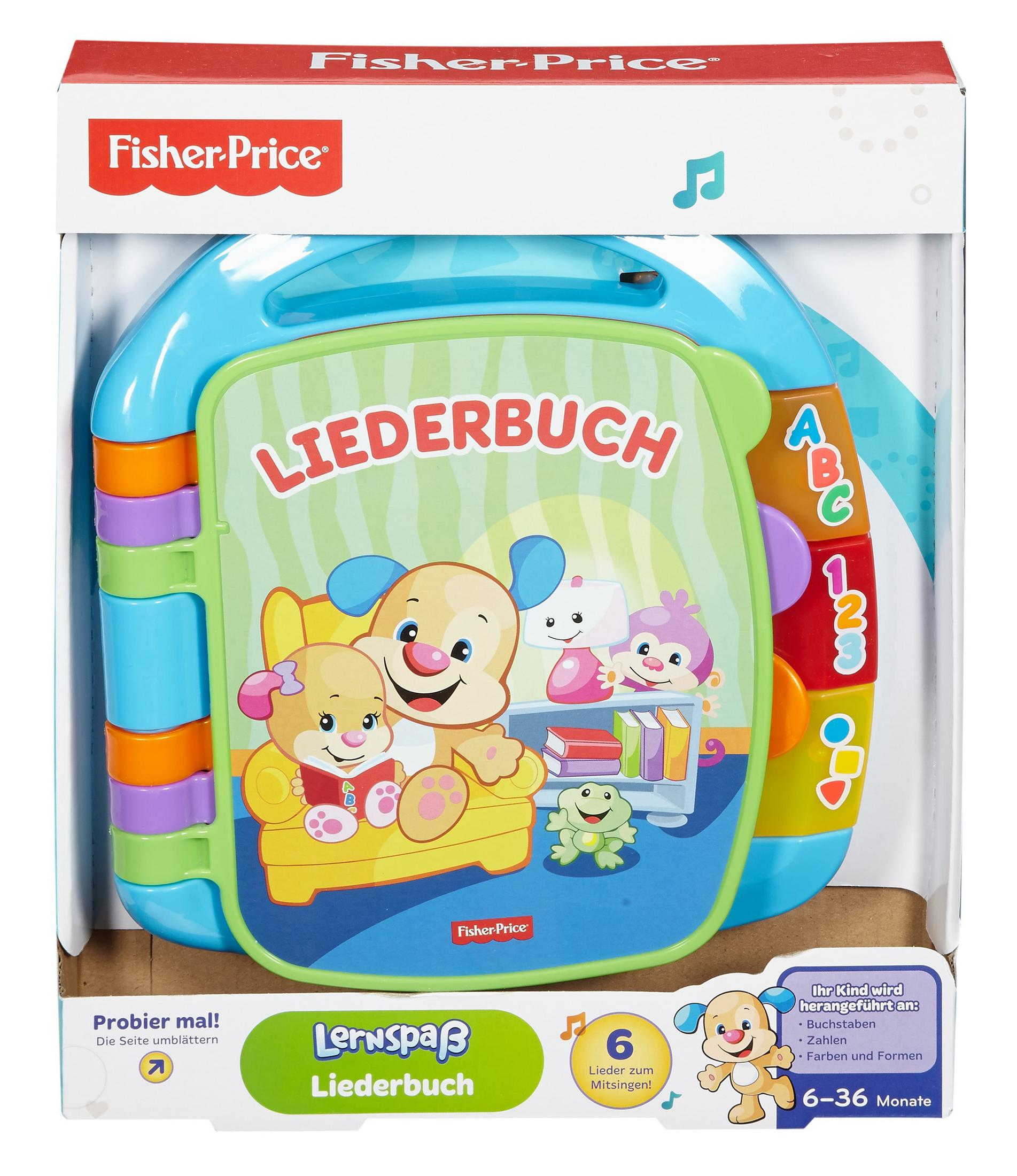 Fisher-Price Musikbuch-Spielzeug. Enthält zwei Hundecharaktere und bunte Illustrationen.