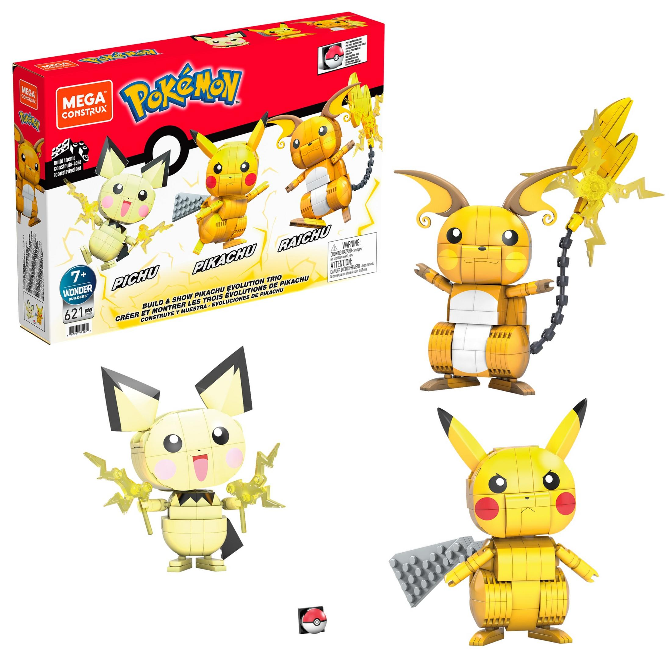 Zestaw zabawek Pokemon z figurkami Pikachu. Zawiera Pikachu, Raichu i Pichu.