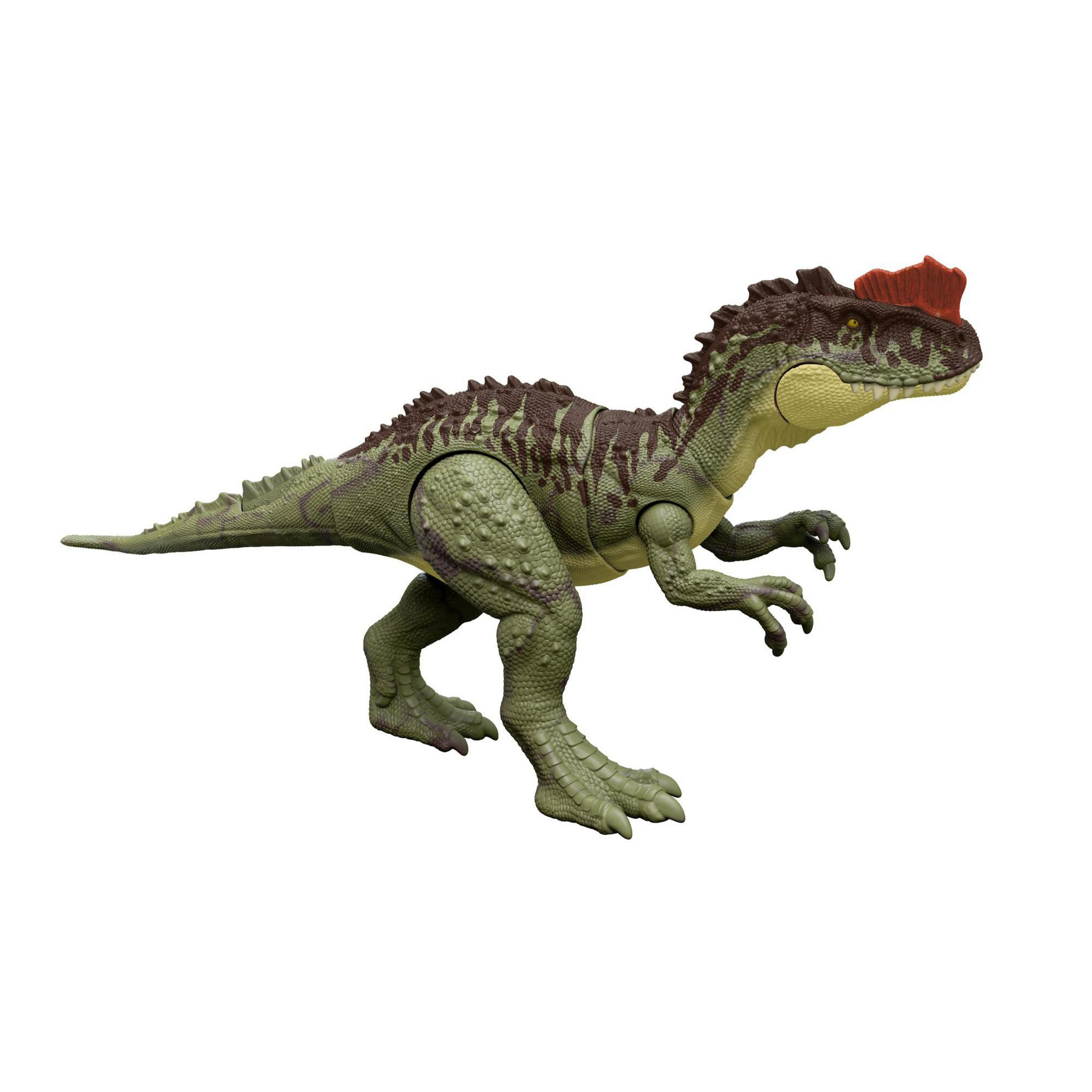 Grünes und braunes Dinosaurierspielzeug mit rotem Kragen, auf weißem Hintergrund.