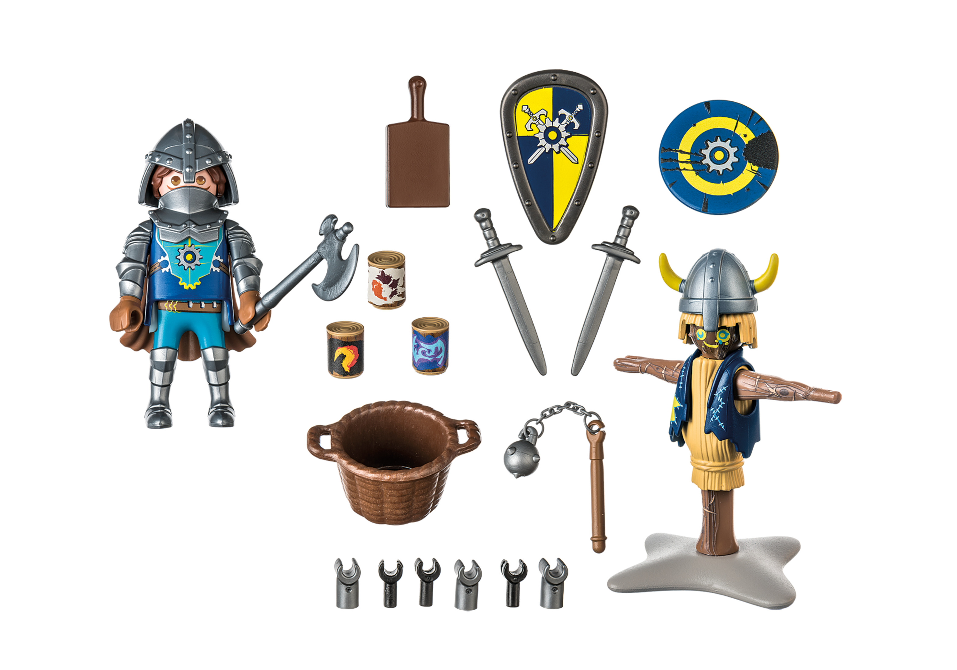 Zestaw figurek i akcesoriów do zabawy, w tym rycerze, tarcze i broń, na białym tle.
