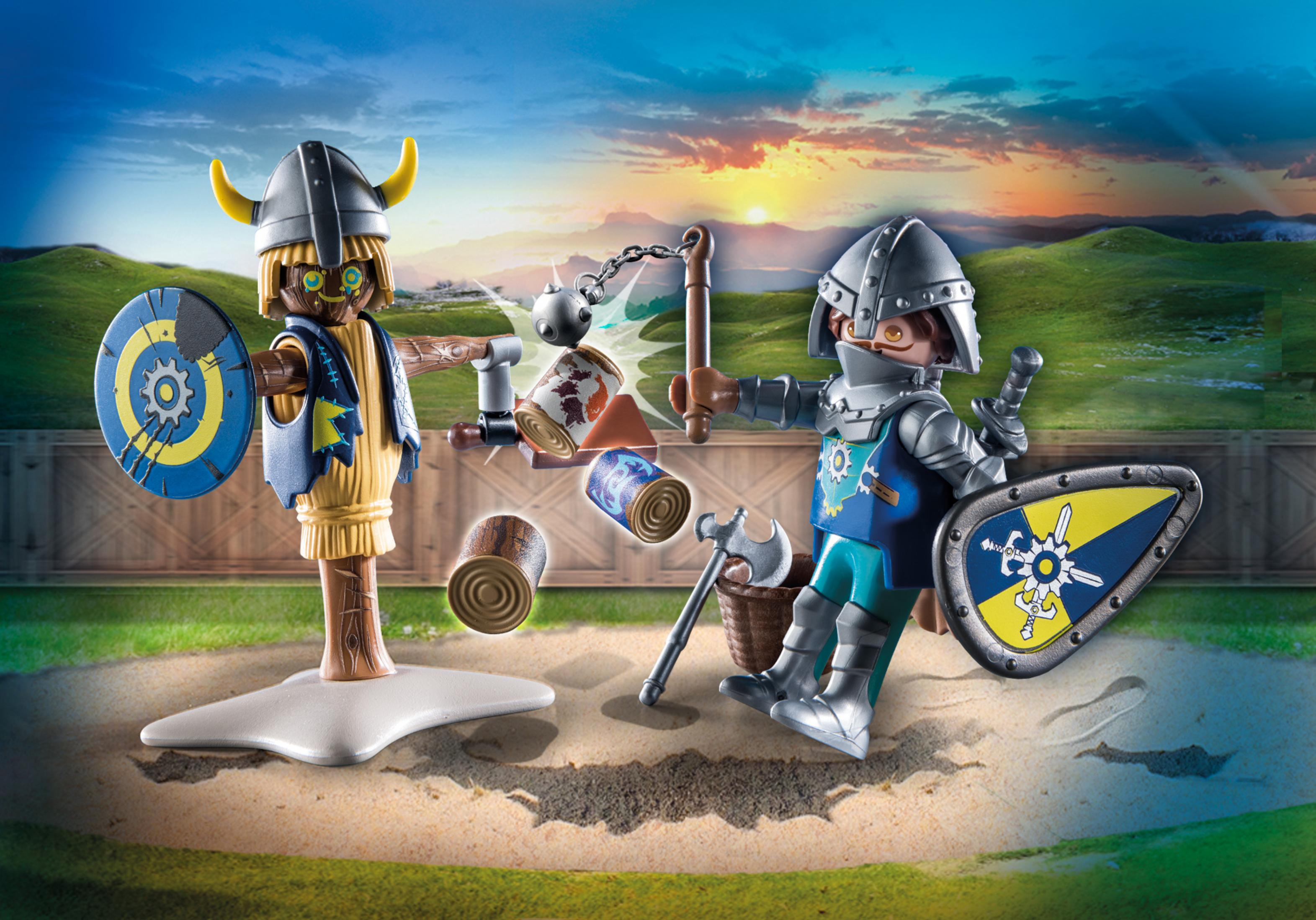 Figurki Playmobil Wikinga i Rycerza z akcesoriami, na kolorowym tle.