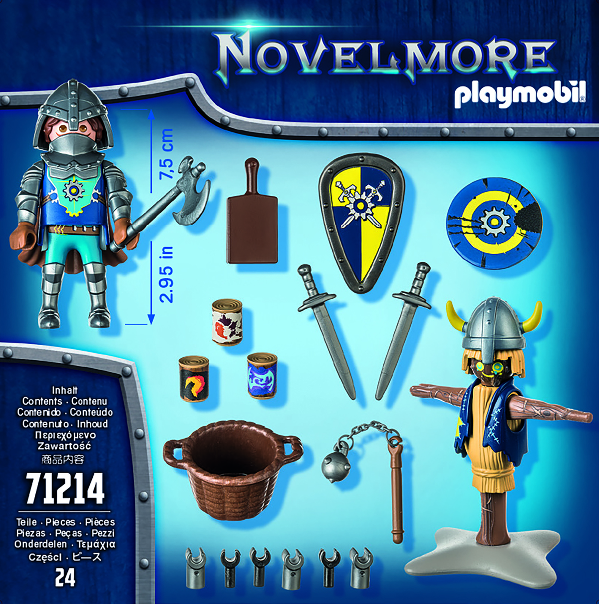 Zestaw Playmobil Novelmore. Figurki z mieczami, tarczą. Akcesoria: kosz, puszki z jedzeniem, topór.