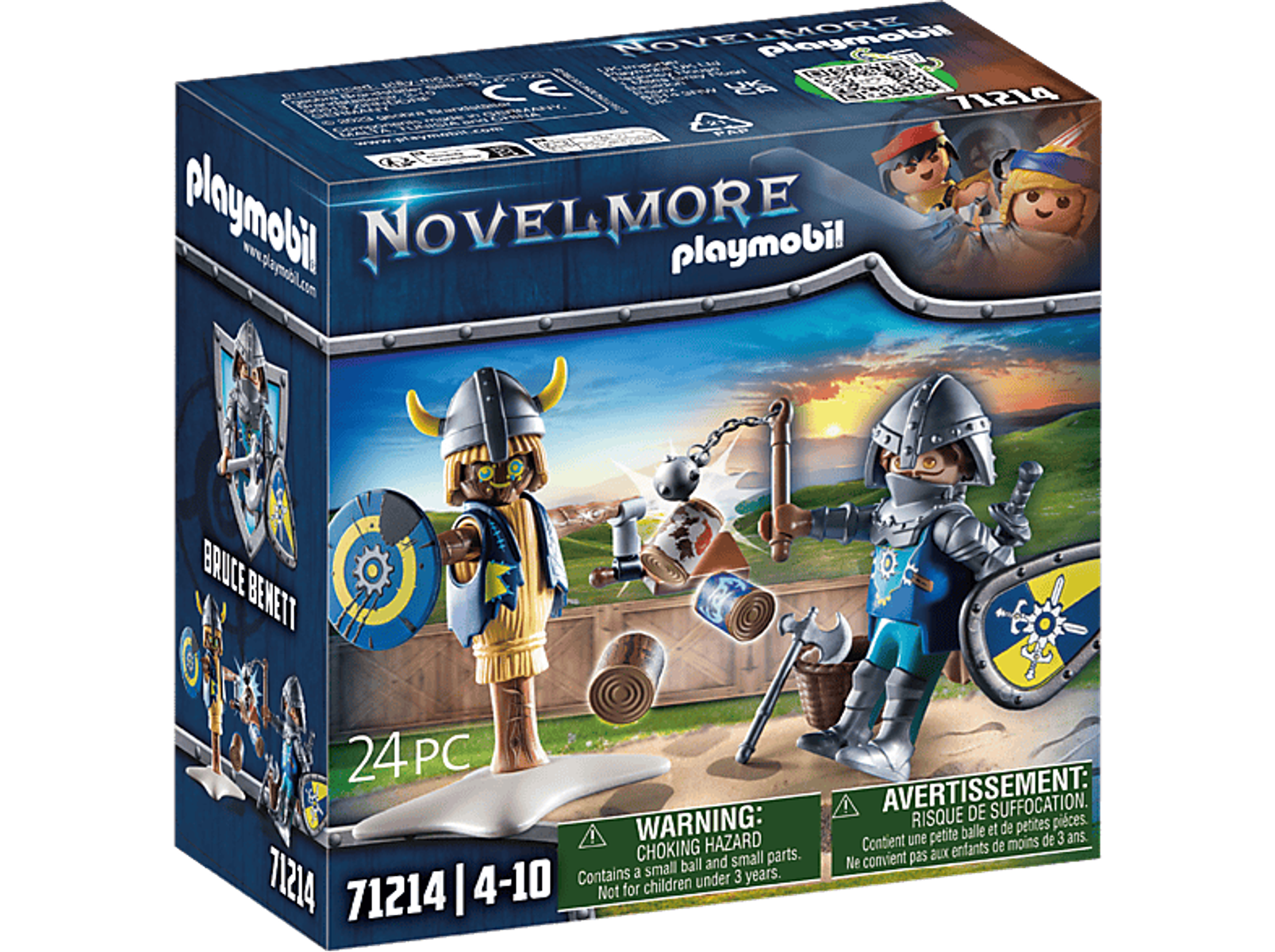 Zestaw Playmobil Novelmore w pudełku. Postacie rycerzy, broń i smok są wyświetlane.