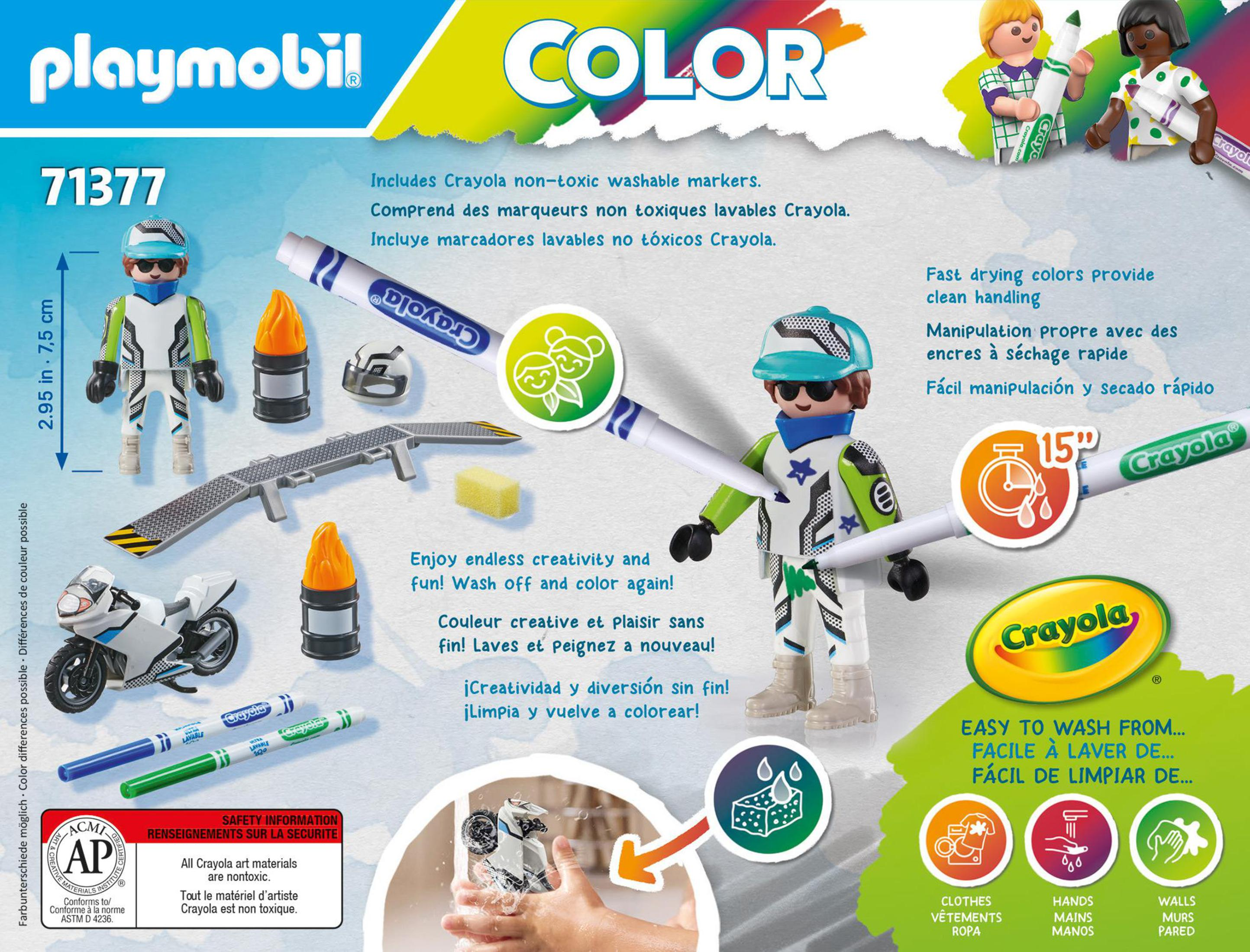 Playmobil-Set mit Figuren, Markern und Zubehör auf weißem Hintergrund. Crayola-Branding.