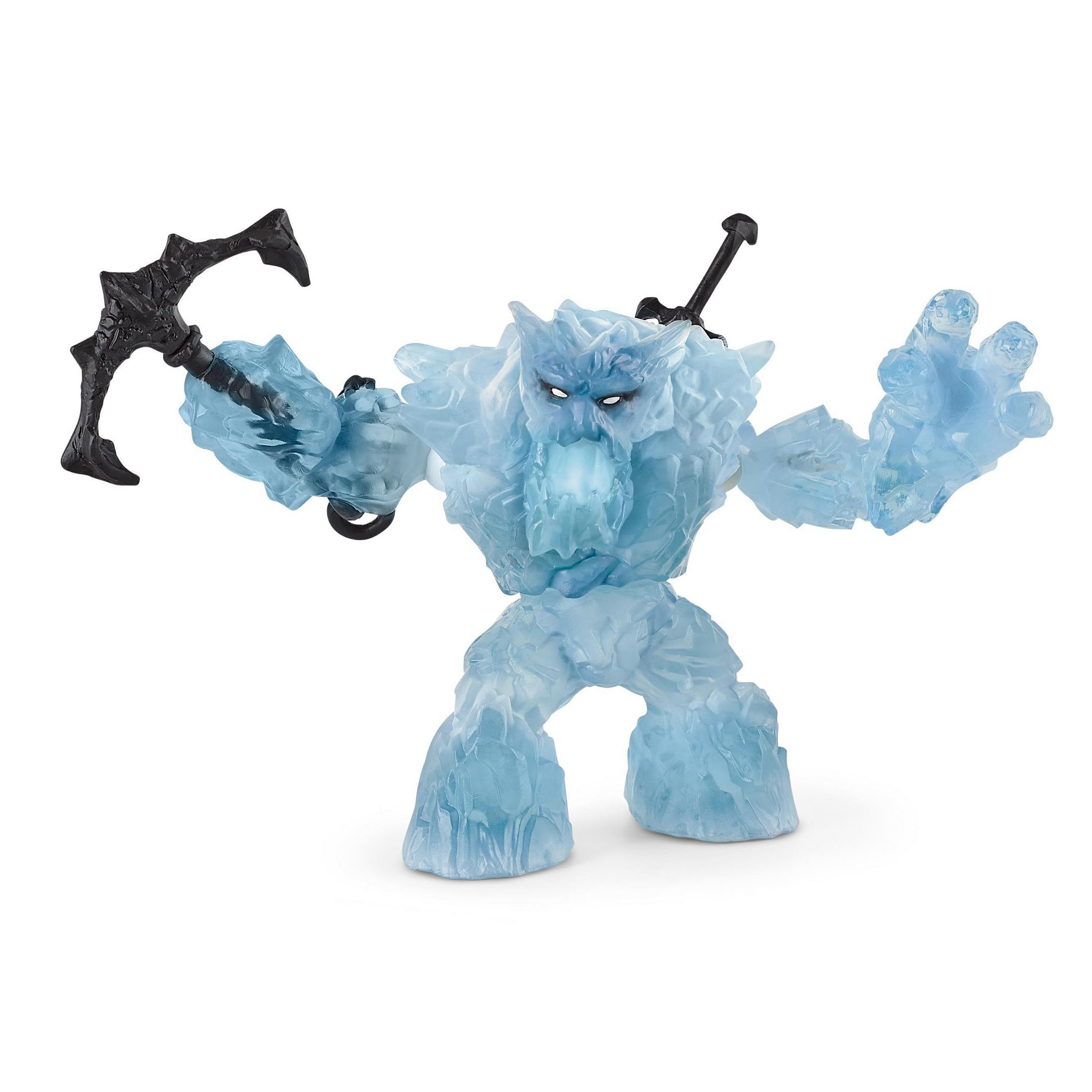 Figurine d'action de monstre de glace bleu avec accessoires noirs. Il a une expression effrayante.