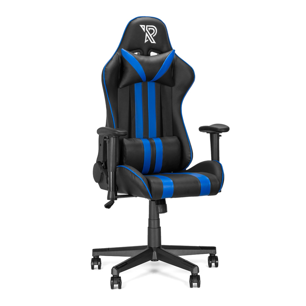 Chaise gaming, noire avec rayures bleues. Appui-tête avec logo, accoudoirs et roulettes.