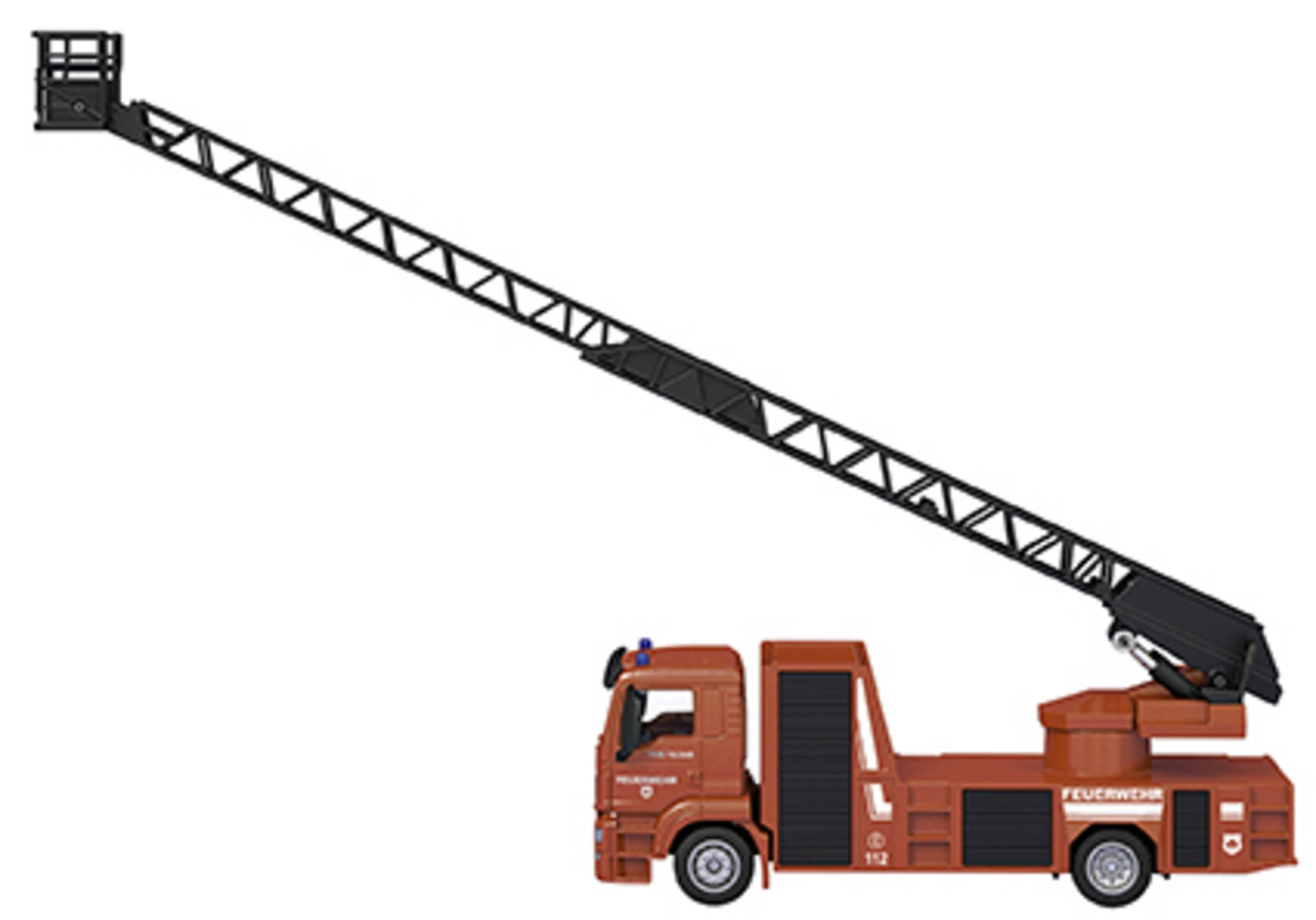 Zabawkowa straż pożarna z wysuniętą drabiną, schemat kolorów brązowy i czerwony. Białe tło.