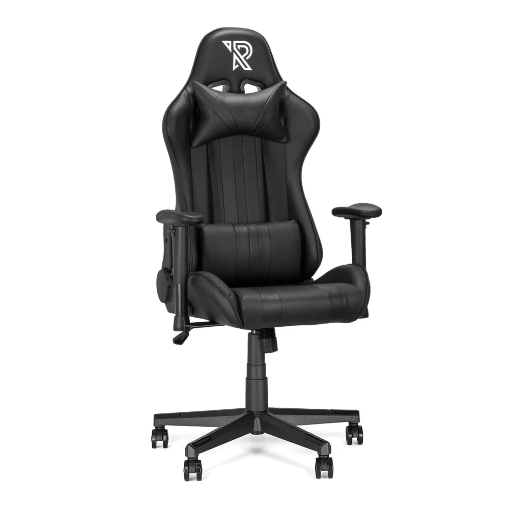 Chaise de jeu noire sur fond blanc. Accoudoirs et coussin réglables.