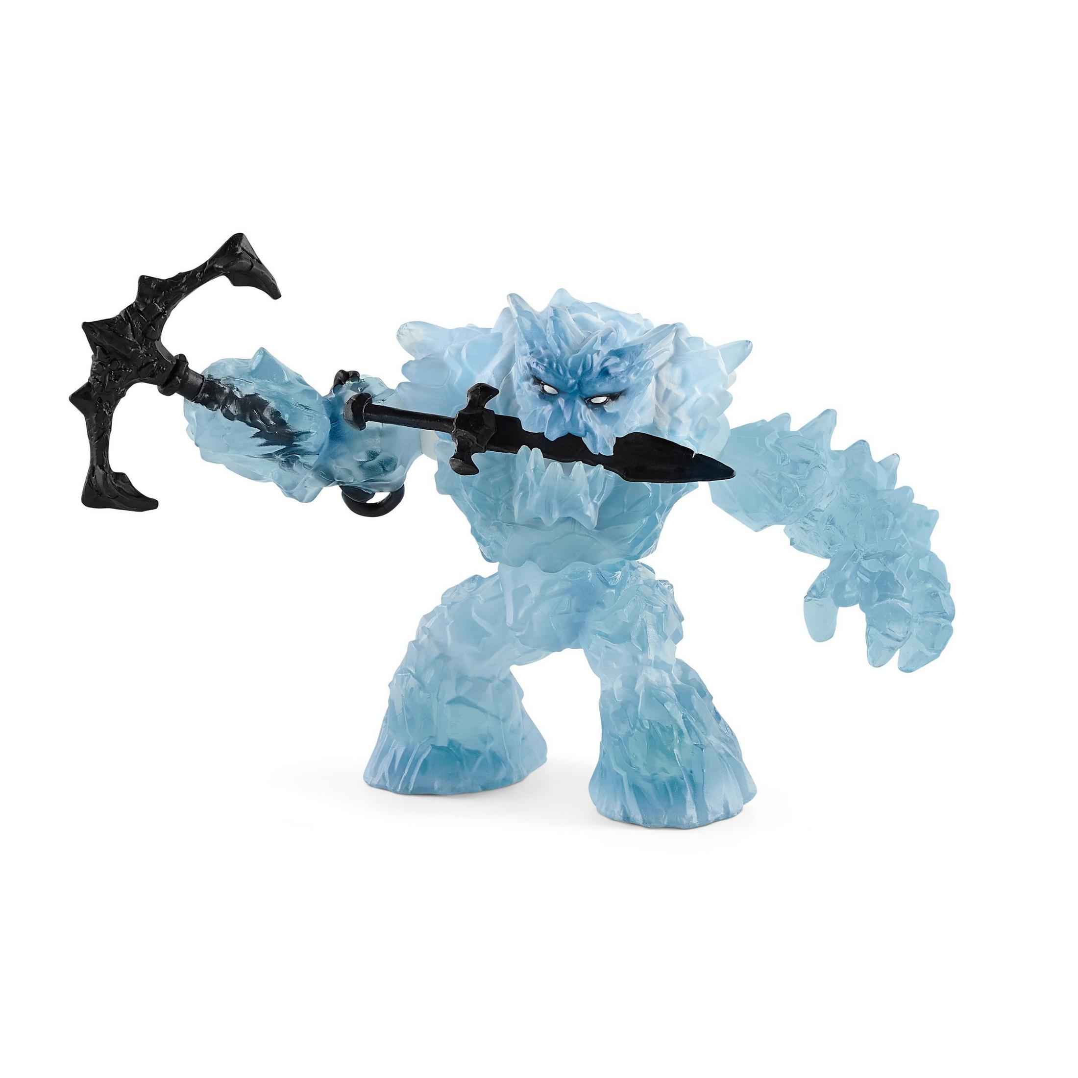 Une figurine de monstre de glace bleue tenant une arme noire. Fond blanc.