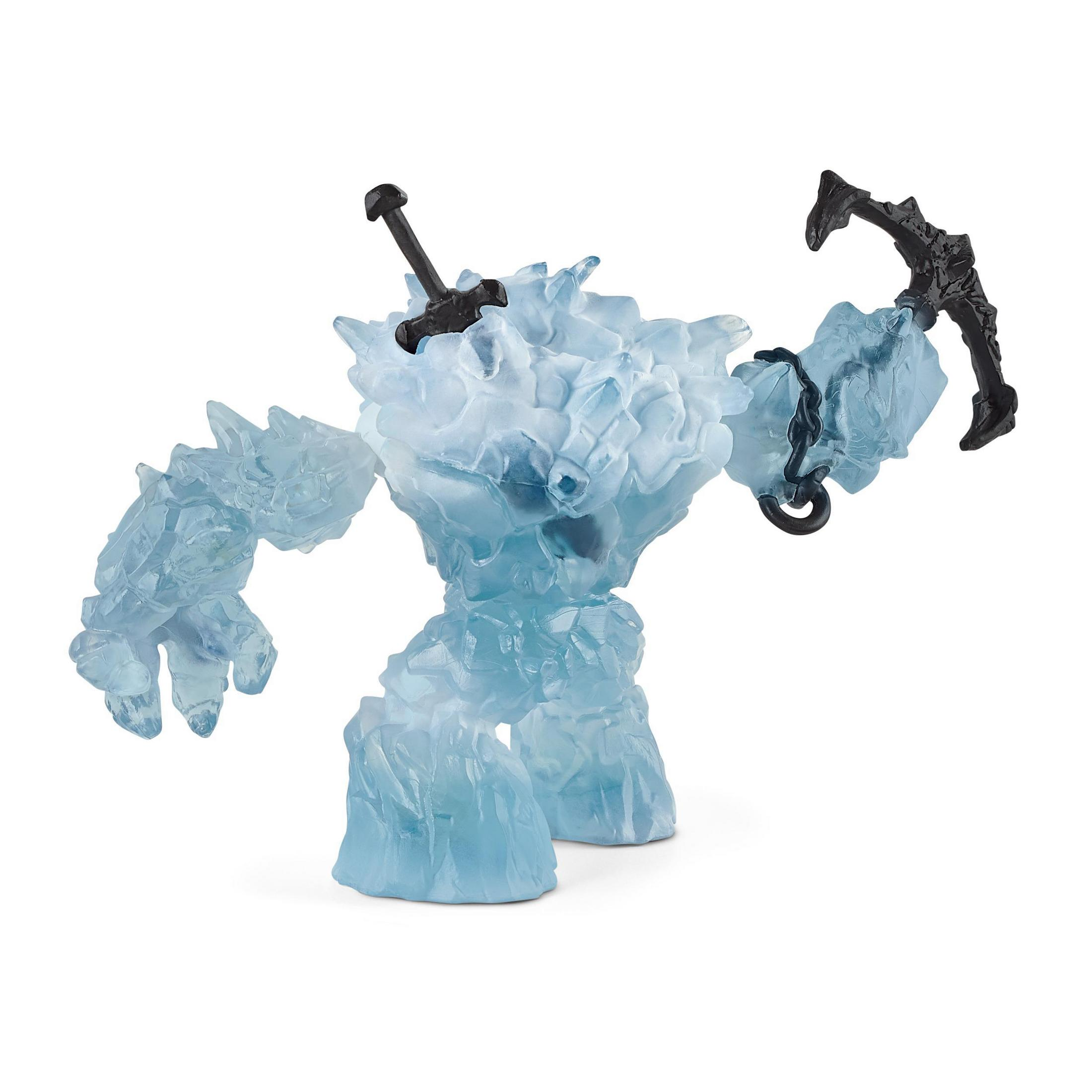 Une figurine de golem de glace bleue avec une épée et une pioche noires. La figurine a une apparence glacée et texturée.