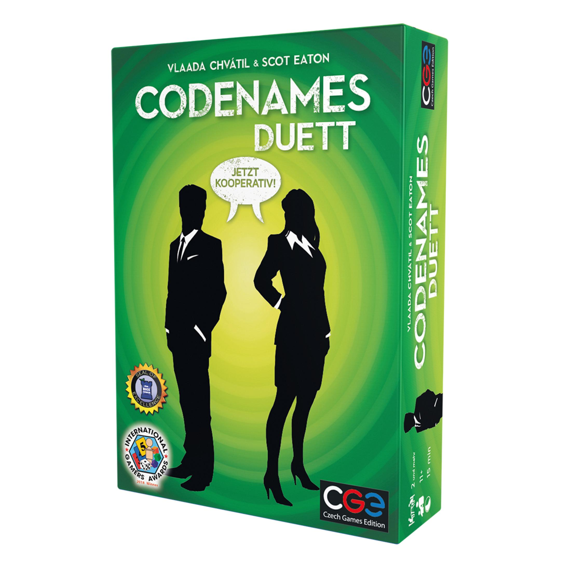 Spielbox: Codenames Duett, mit grünem Hintergrund, zwei Silhouetten und Spieldetails.
