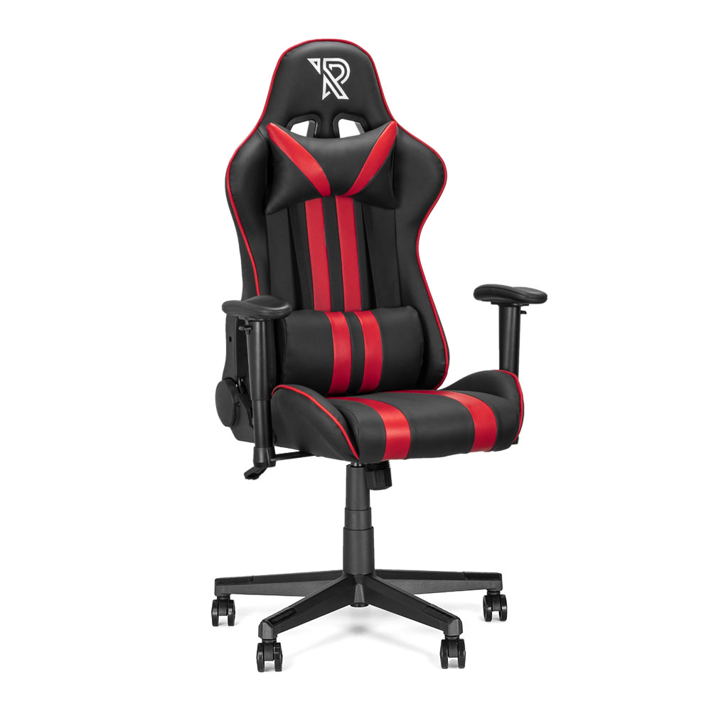 Une chaise de gaming noire et rouge avec un appui-tête, un support lombaire et des accoudoirs.