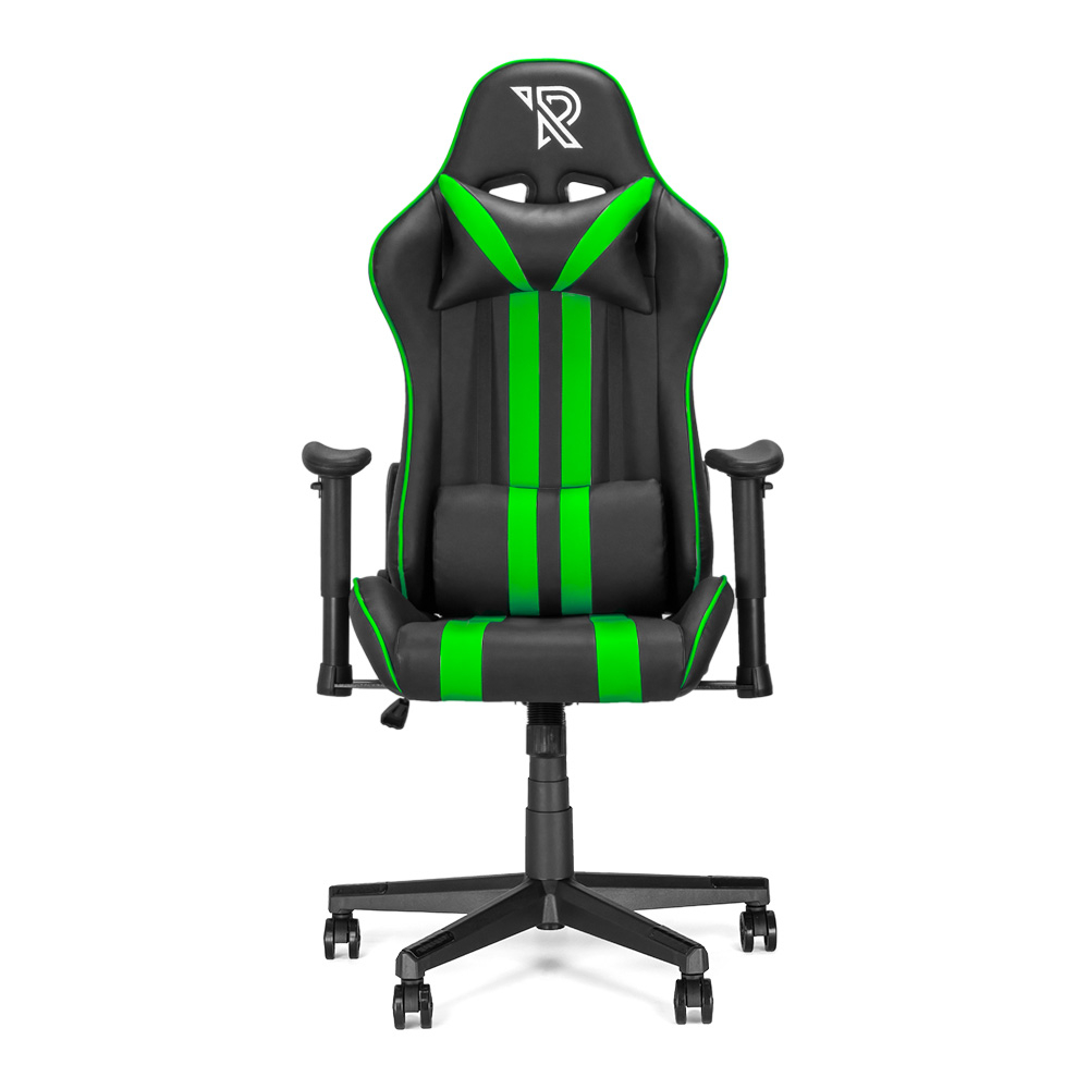 Zwarte en groene gaming stoel met een wit logo op de hoofdsteun.