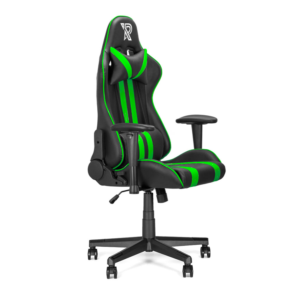 Zwarte en groene gamingstoel. Zwarte basis met wielen, groene accenten.