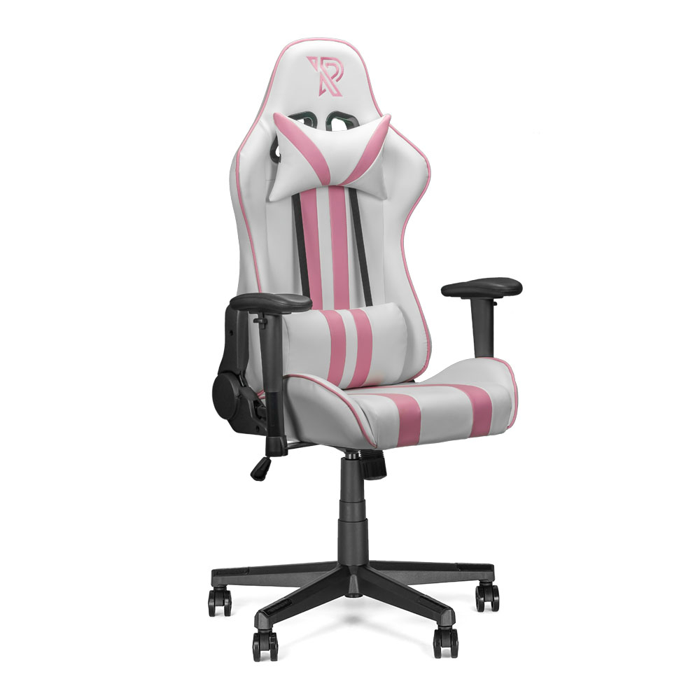 Une chaise de jeu blanche et rose. Elle a un appui-tête, un coussin lombaire et des accoudoirs. Base noire.