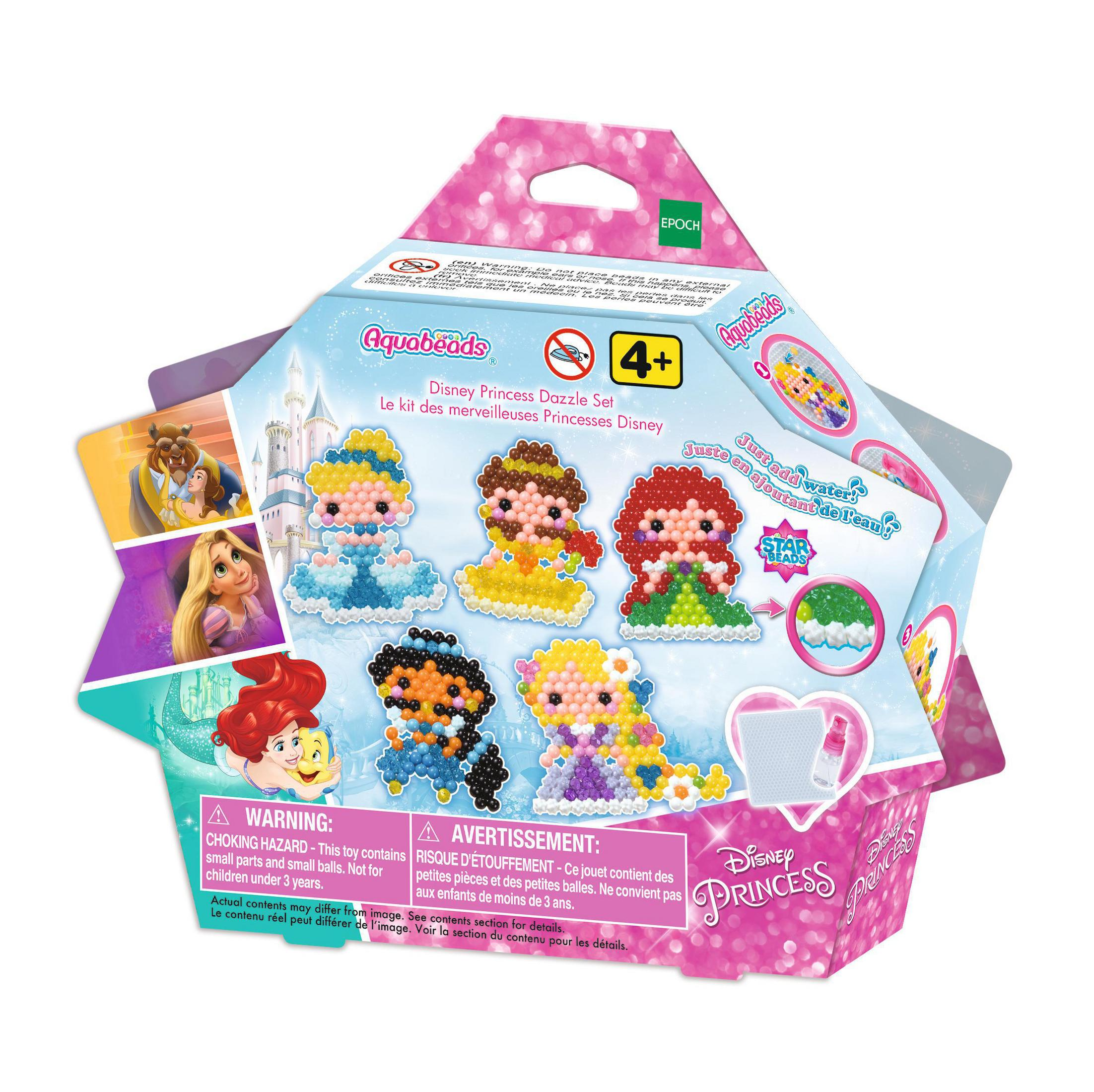 Scatola con set Aquabeads Principesse Disney, che mostra figure di perline di principesse e la confezione.