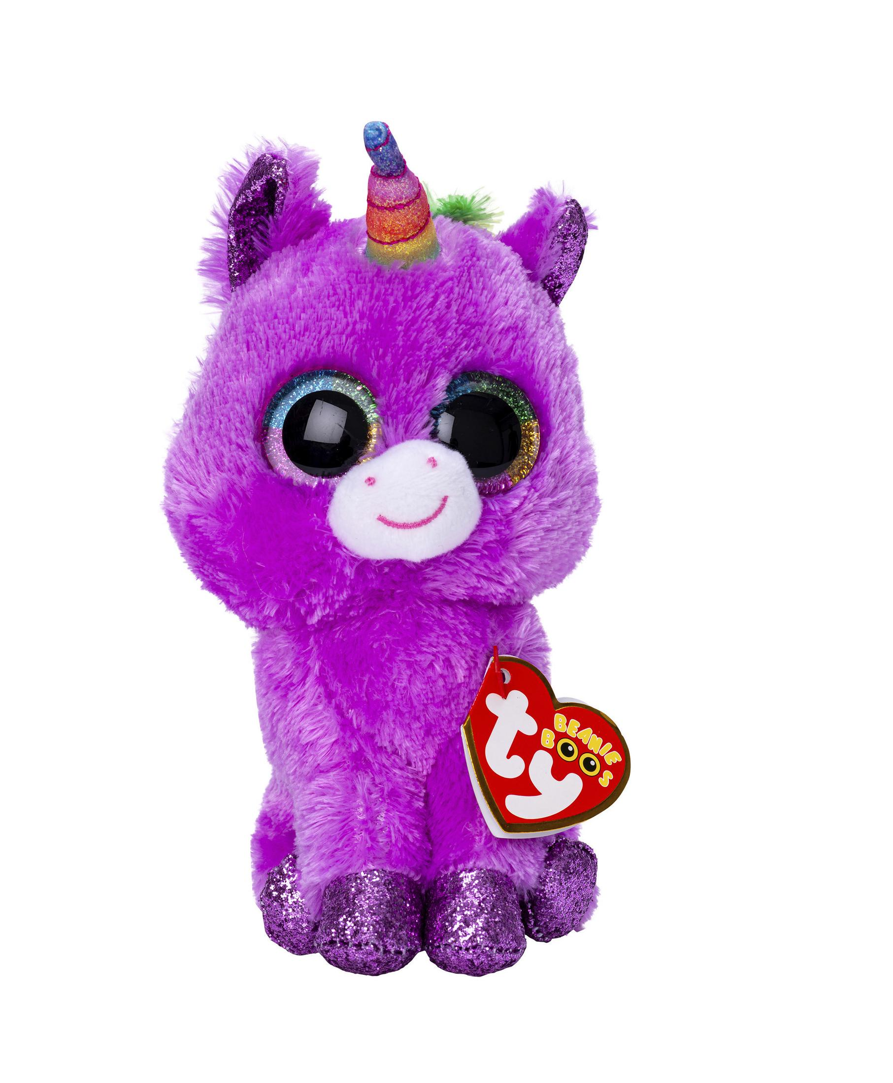 Ein lila Einhorn-Plüschtier mit großen Augen, einem Regenbogenhorn und einem Ty-Herzanhänger.