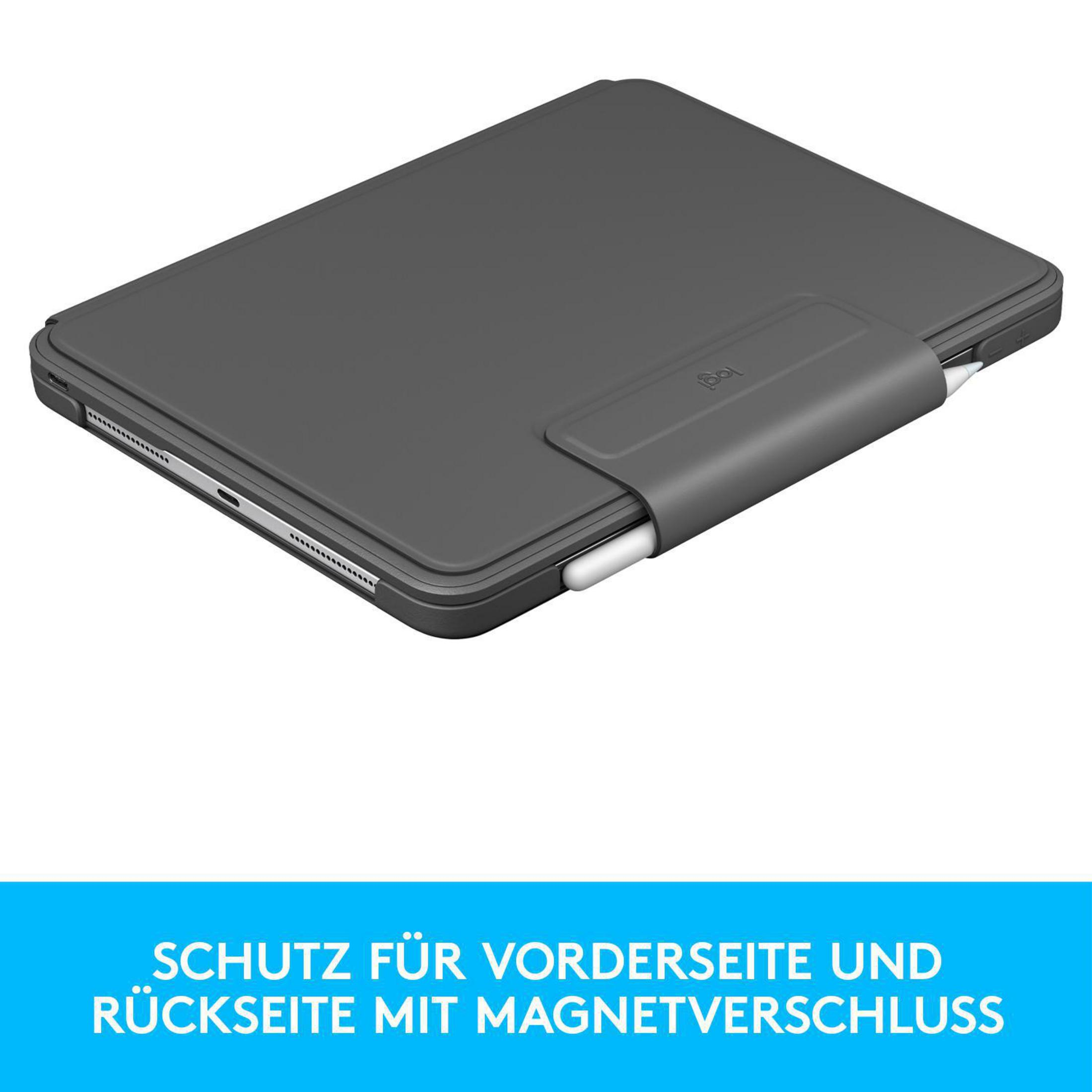 Graue Tablet-Hülle mit Stifthalter und weißem Stift. Text: 'Schutz für Vorder- und Rückseite'.