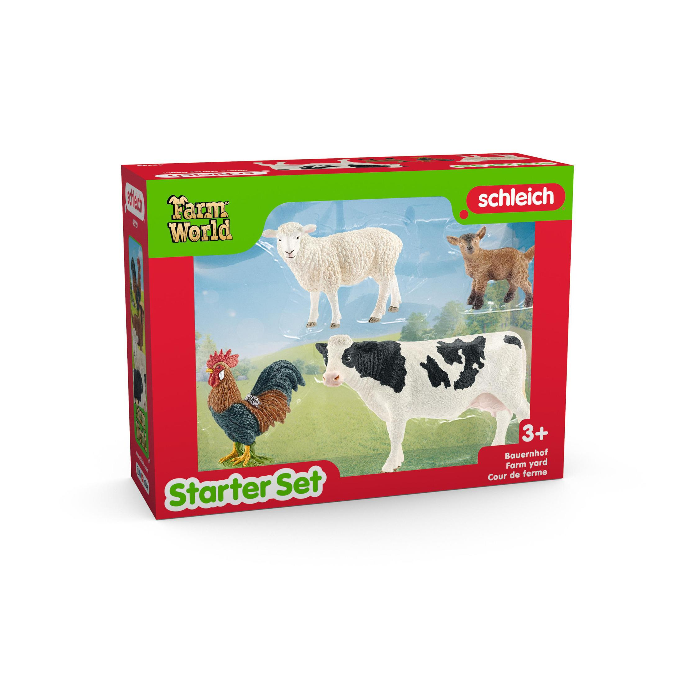 Ensemble de jouets d'animaux de ferme. Mouton, vache, coq et chèvre.