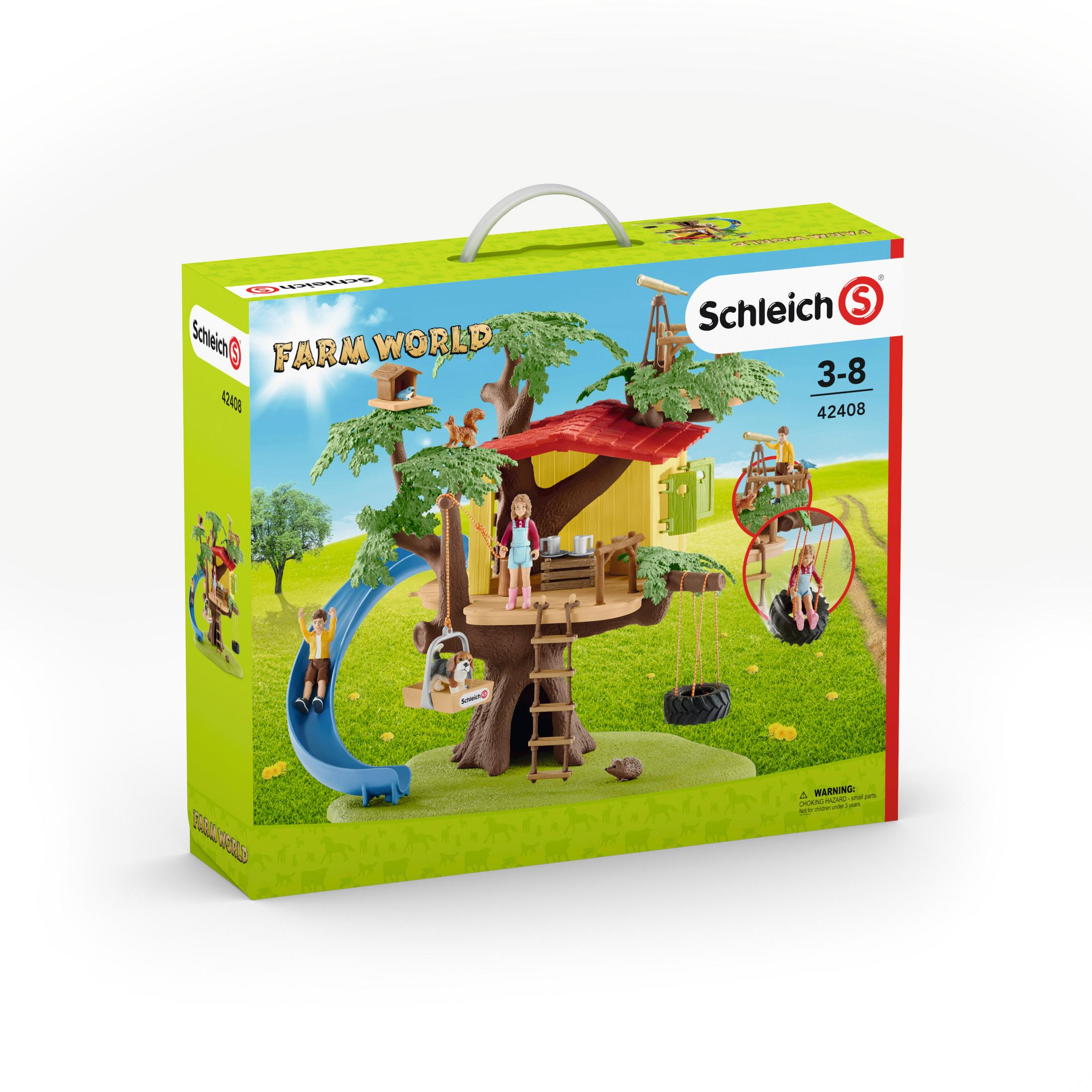 Eine Schleich Farm World Spielset-Box mit einer Baumhaus-Szene mit Figuren und Tieren.