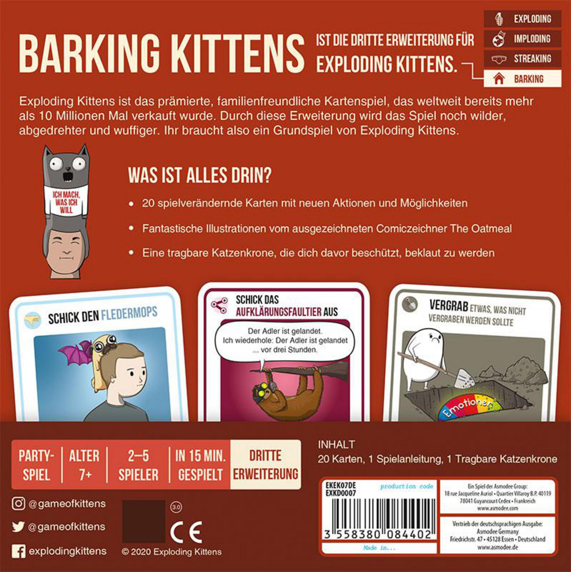 Exploding Kittens Spielbox. Text und Illustrationen über das Spiel. Drei Karten werden gezeigt.